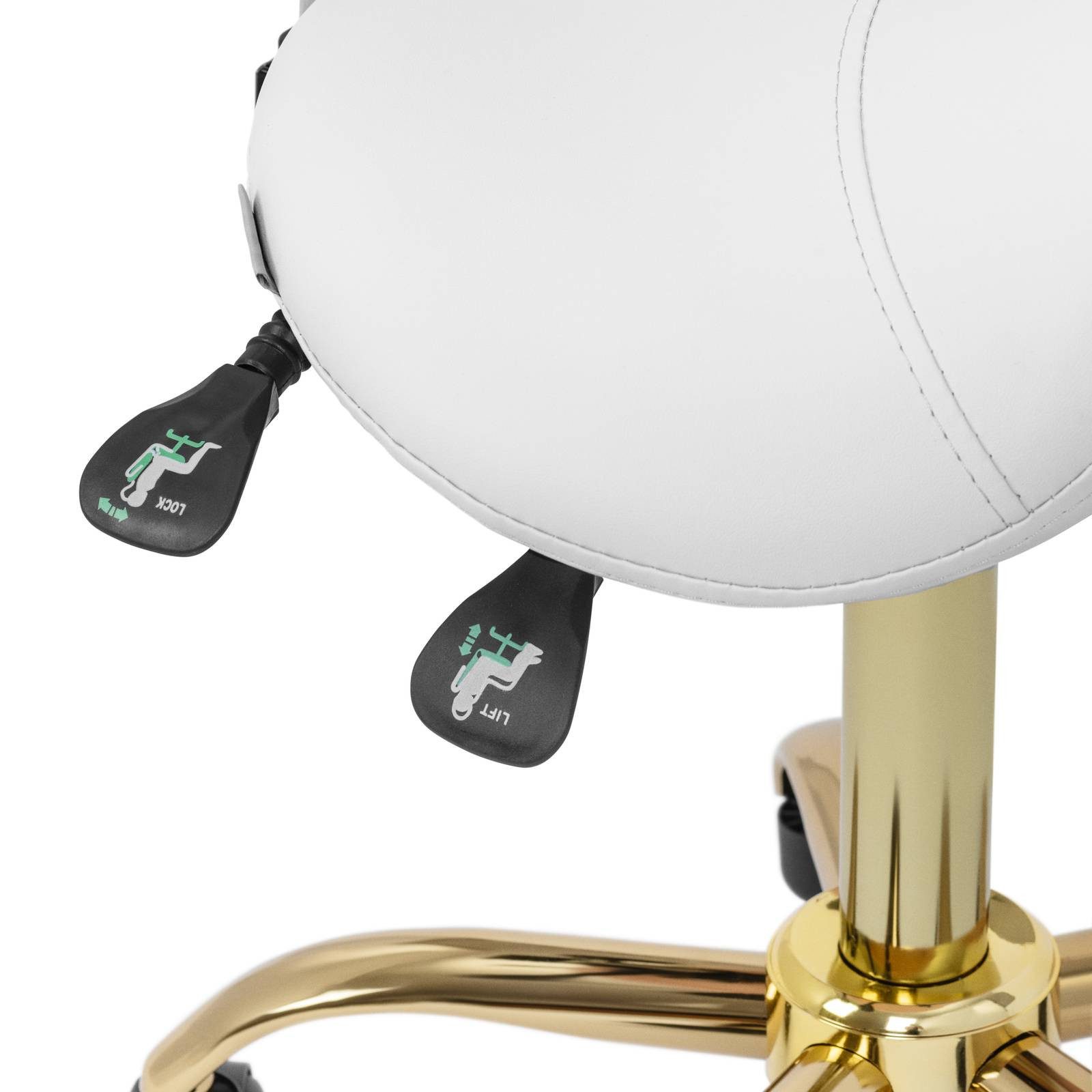 Physa Drehstuhl Sattelstuhl Sattelhocker mit Lehne Rollhocker Weiß/Golden, Golden, Weiß