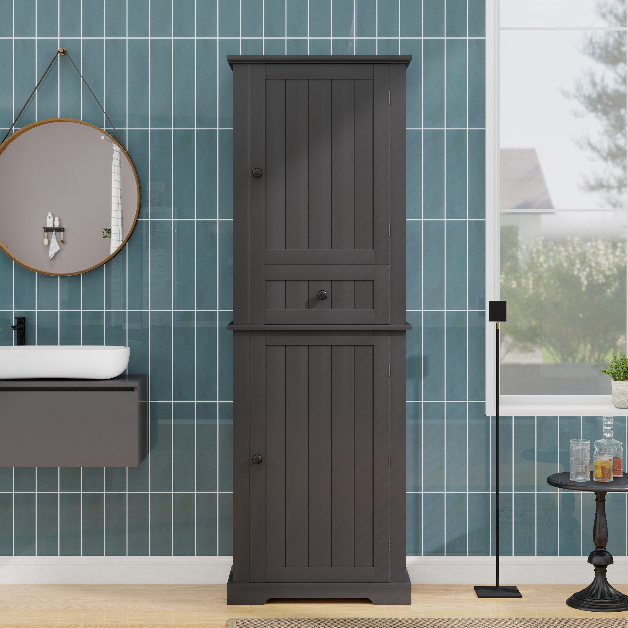 Merax Kommode Badezimmerschrank, Hochschrank mit 2 Türen und 1 Schublade (1 St., Buffetschrank mit Verstellbare Regale, Modern Küchenschrank), 56x28x167.3cm