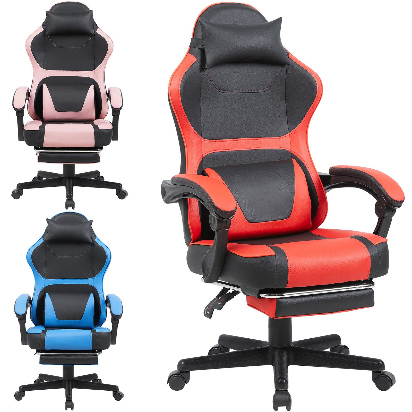 GLP Gaming-Stuhl Gaming Stuhl, Bürostuhl Ergonomisch Wippfunktion bis zu 135° (Gaming Chair mit Fußstütze, 10 cm Höhenverstellung), Verstellbarem Lenden- & Kopfkissen, Gamer Stuhl 136 kg Belastbarkeit