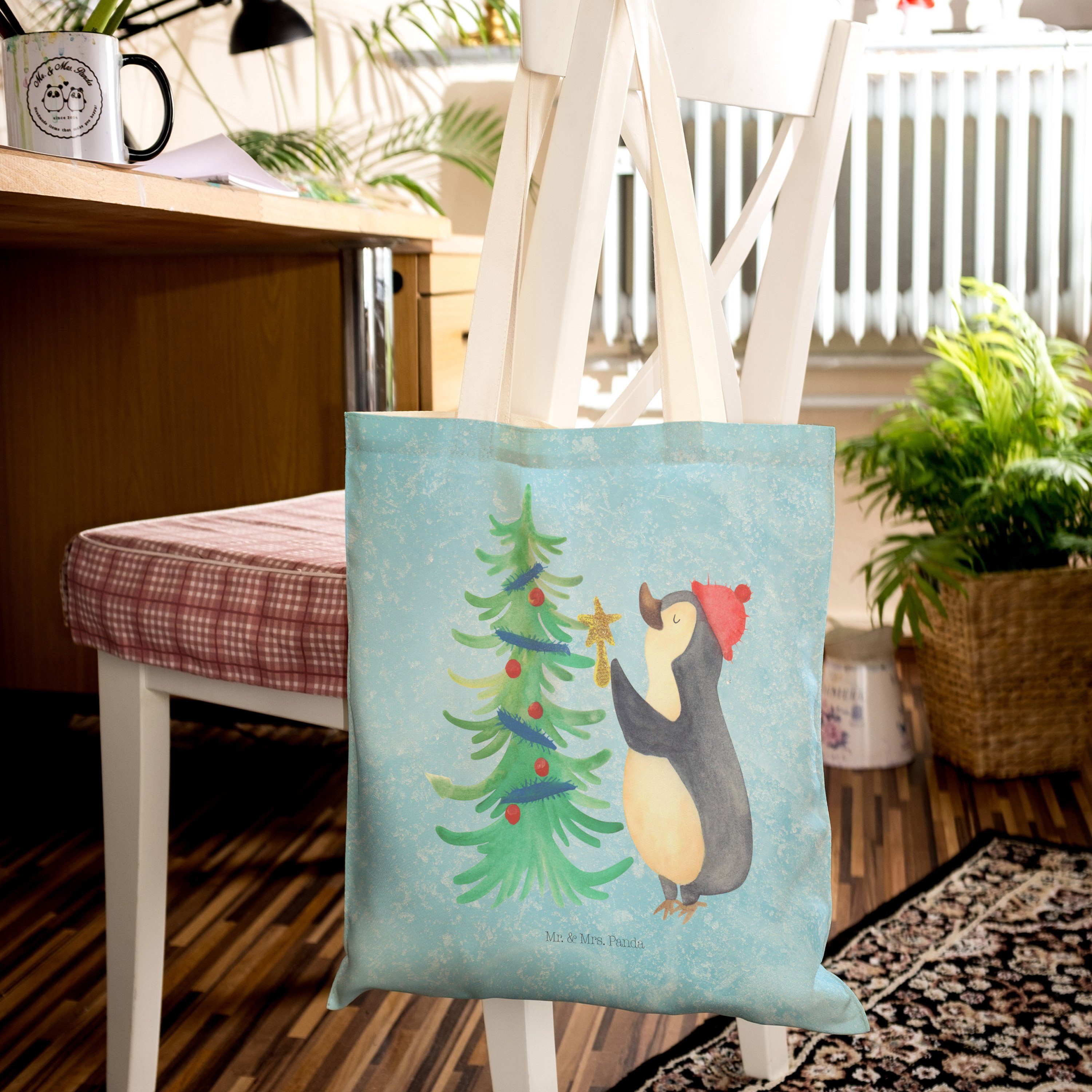 Mr. & Mrs. Panda - Pinguin - Geschenk, Baumwolltasche, Tragetas Eisblau Tragetasche Weihnachtsbaum (1-tlg)