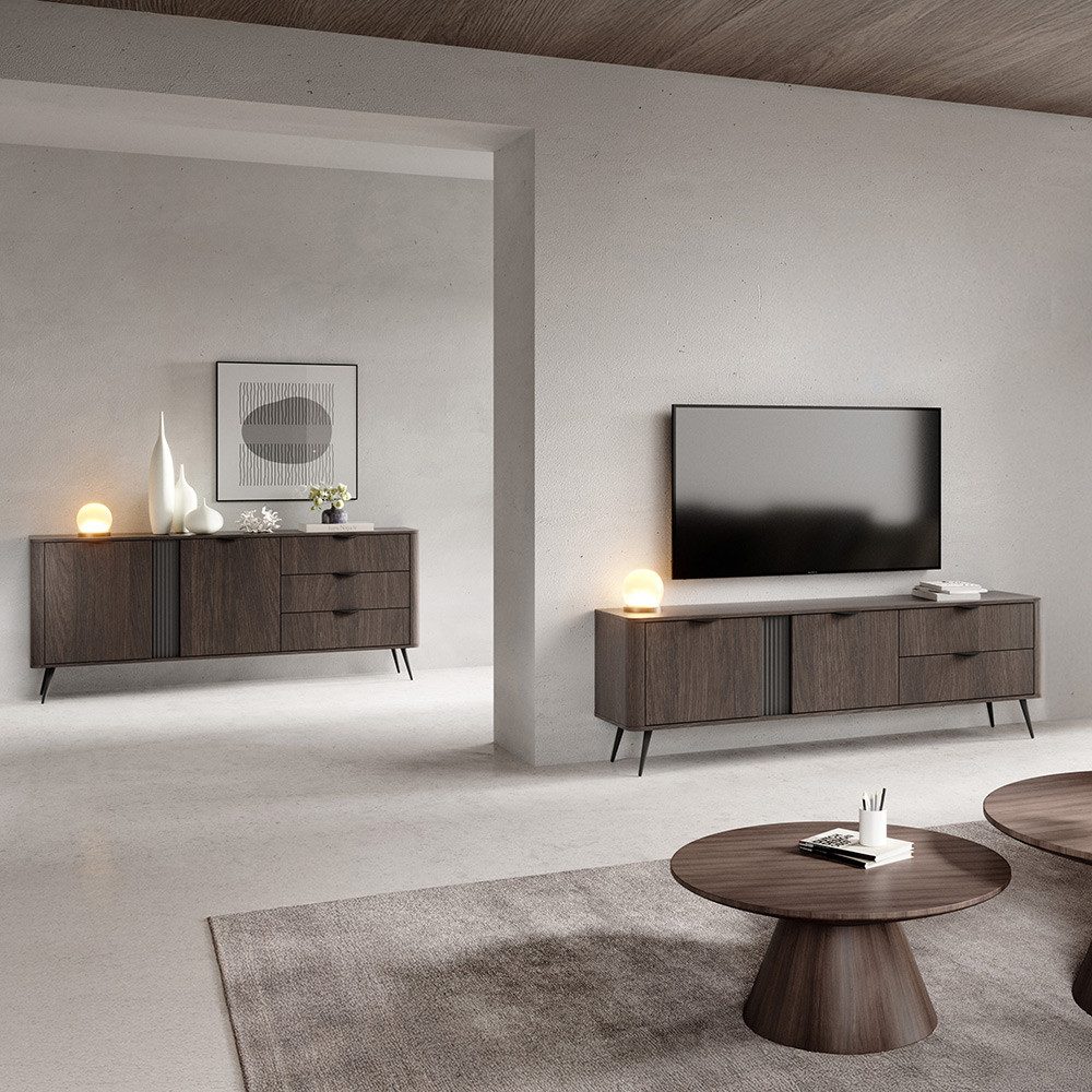 Lomadox Wohnzimmer-Set VOLTERRA-167, (Mega-Spar-Set, 2-St., TV-Lowboard Sideboard), in Eiche mit schwarzem Rillendesign, Füßen und Griffen