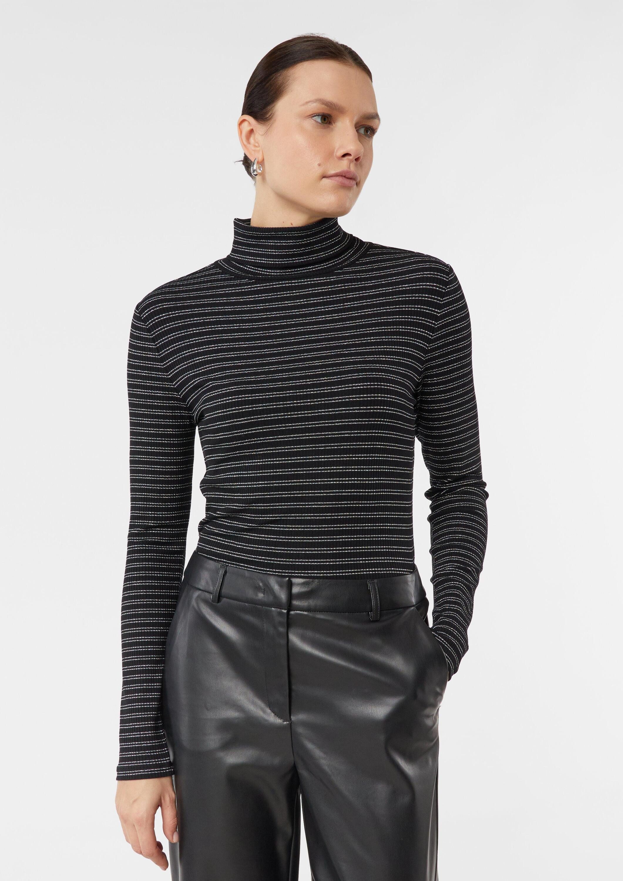 comma Langarmshirt T-Shirt Geripptes Rollkragenshirt mit Glitzergarn günstig online kaufen