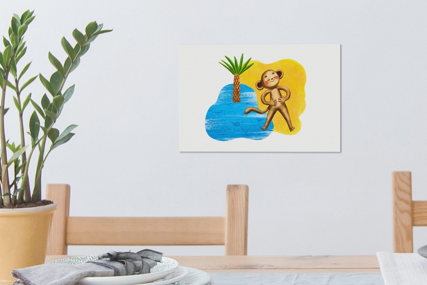 OneMillionCanvasses® Leinwandbild Affe - - Strand Aufhängefertig, Wandbild (1 Palme Leinwandbilder, Meer, cm Wanddeko, - St), 30x20