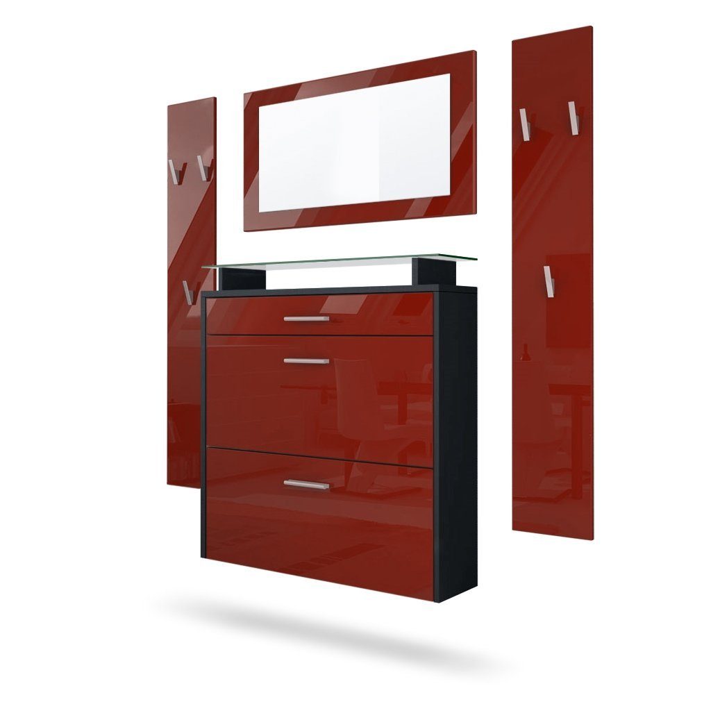 Vladon Garderoben-Set Malea, (Garderobenset bestehend aus 1 Hängeschuhschrank, 1 Wandspiegel und 2 Garderobenpaneele), Schwarz matt/Bordeaux Hochglanz