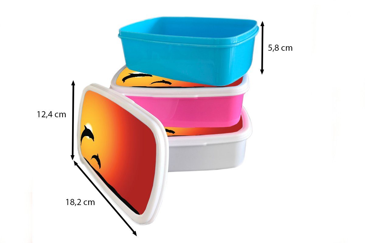Kunststoff, weiß Mädchen - Kinder und für MuchoWow Brotbox Delfine Lunchbox Jungs für Silhouette Brotdose, und (2-tlg), Erwachsene, Sonnenuntergang, -