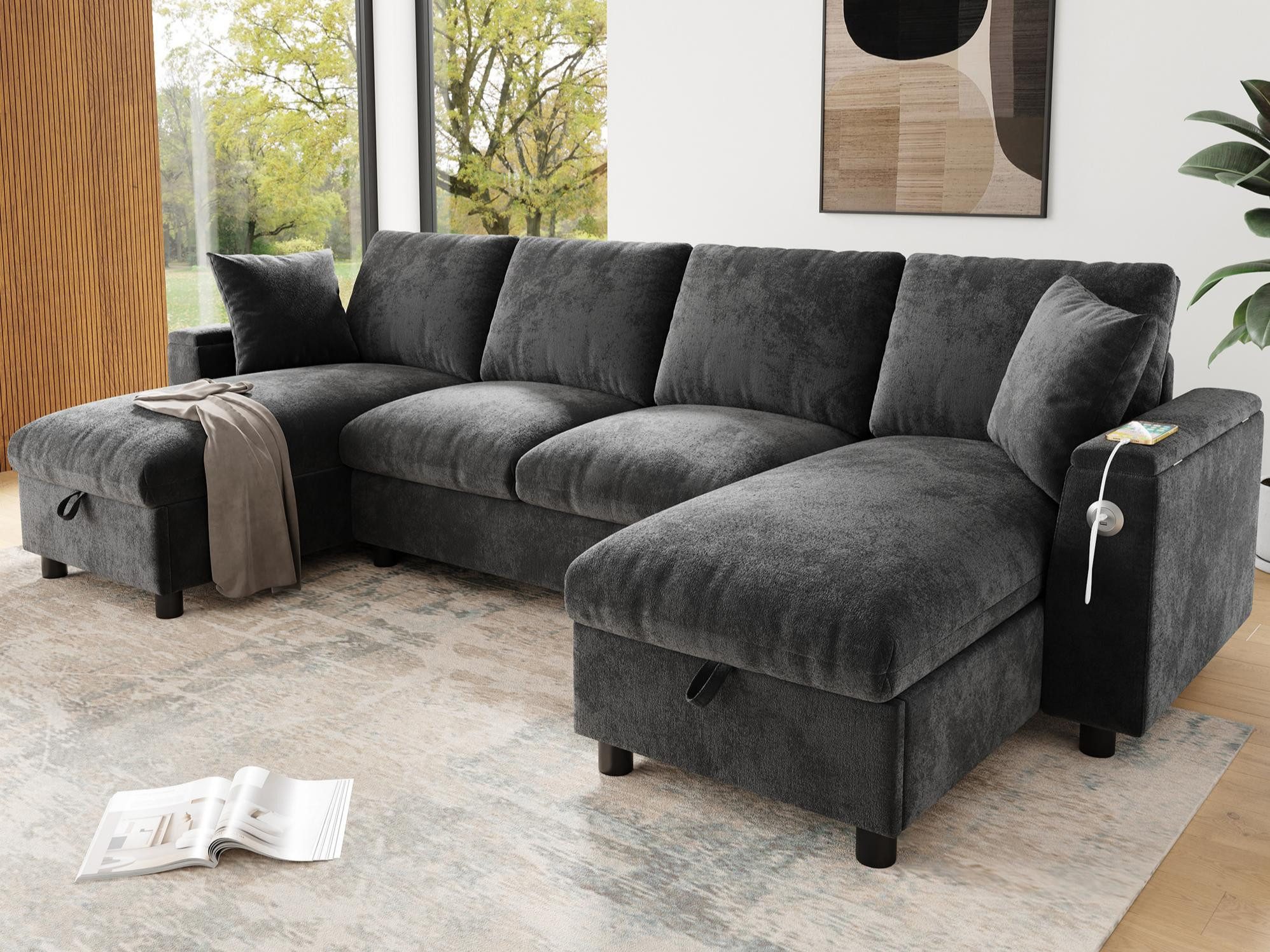 Flieks Ecksofa Couch U-Form Schlafsofa mit Ladefunktion, Schlaffunktion und Stauraum, 279×135×84 cm, Armlehne mit Staufach, USB-&Type-C-Anschluss, Bettfunktion, Bettkasten & 2 Zierkissen, Federkern, Sofa aus Chenille