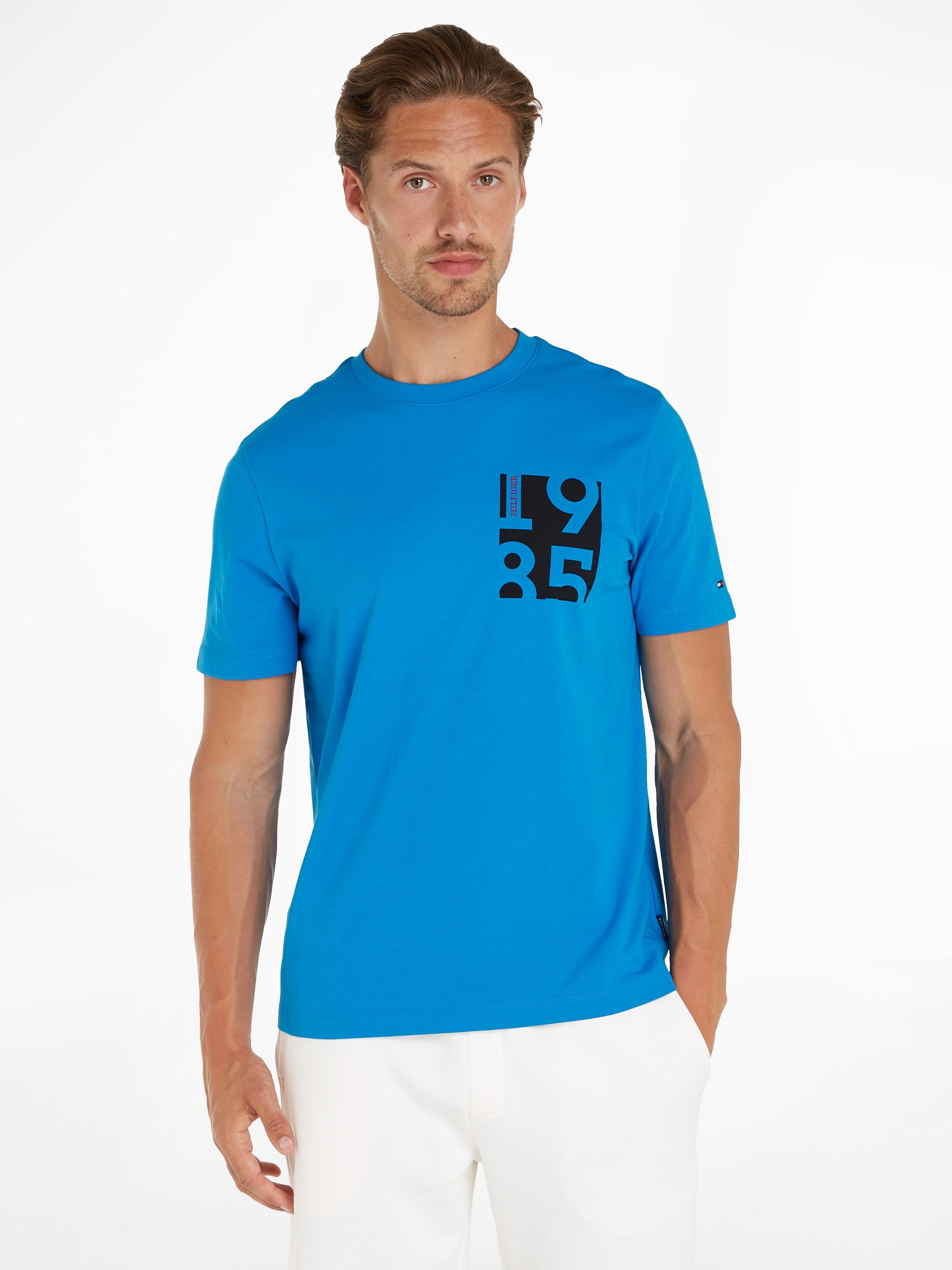 T-Shirt Aqua CHEST Hilfiger Cerulean PRINT Tommy TEE