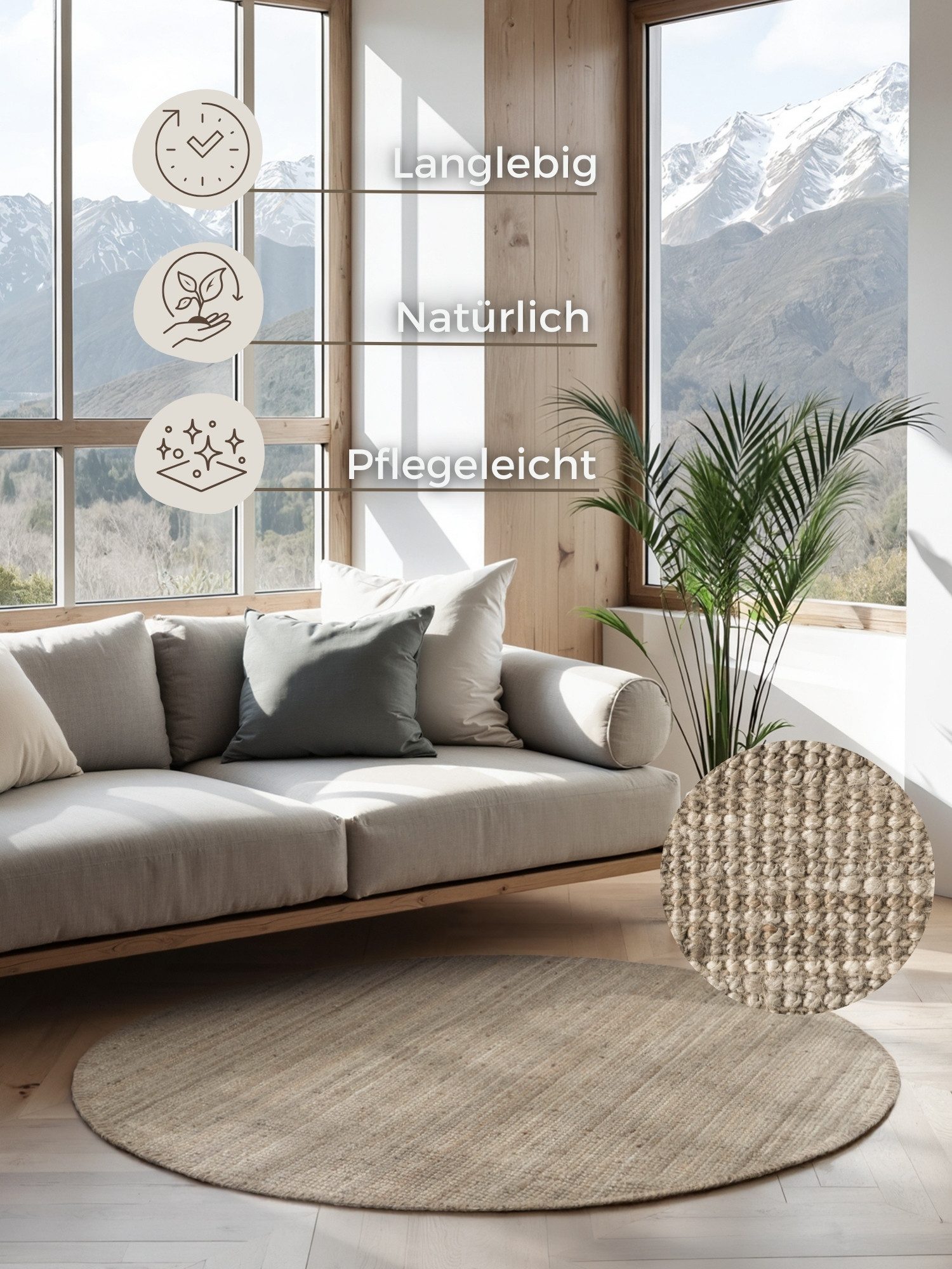 HANSE Home Teppich Jaipur Juteteppich, als Läufer und in Rund, rund, Höhe: 10 mm, 100% Naturfaser, Wohnzimmer, Esszimmer, Schlafzimmer, GRS