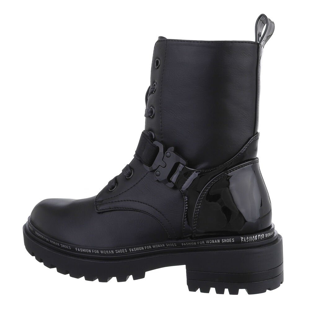 Ital-Design Damen Schnürschuhe Freizeit Westernstiefelette (78994923) Blockabsatz Plateaustiefeletten in Schwarz