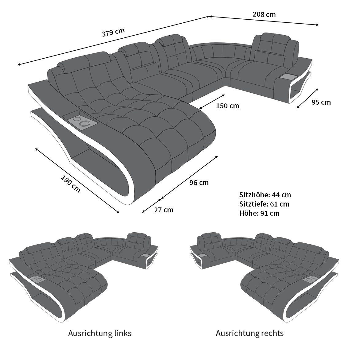 Dreams Form Sofa Elfenbein-Schwarz Stoffsofa, Wohnlandschaft Sofa - Couch U Sofa Bettfunktion mit H Elegante Polster wahlweise