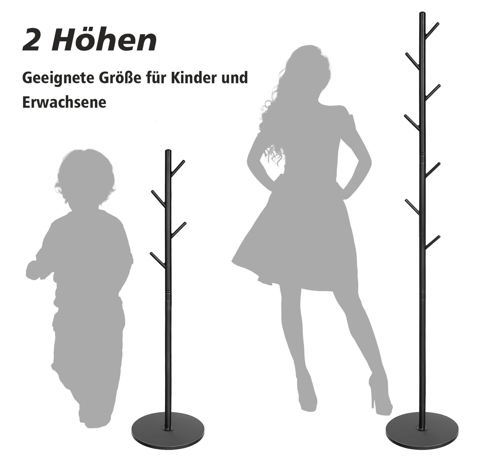 lindahandel Garderobenständer Baumform Garderobenständer Metall 180cm,7 Haken &2 höhenverstellbar, Marmorplatte – für mehr Stabilität,  für Flur,Wohnzimmer, Schlafzimmer