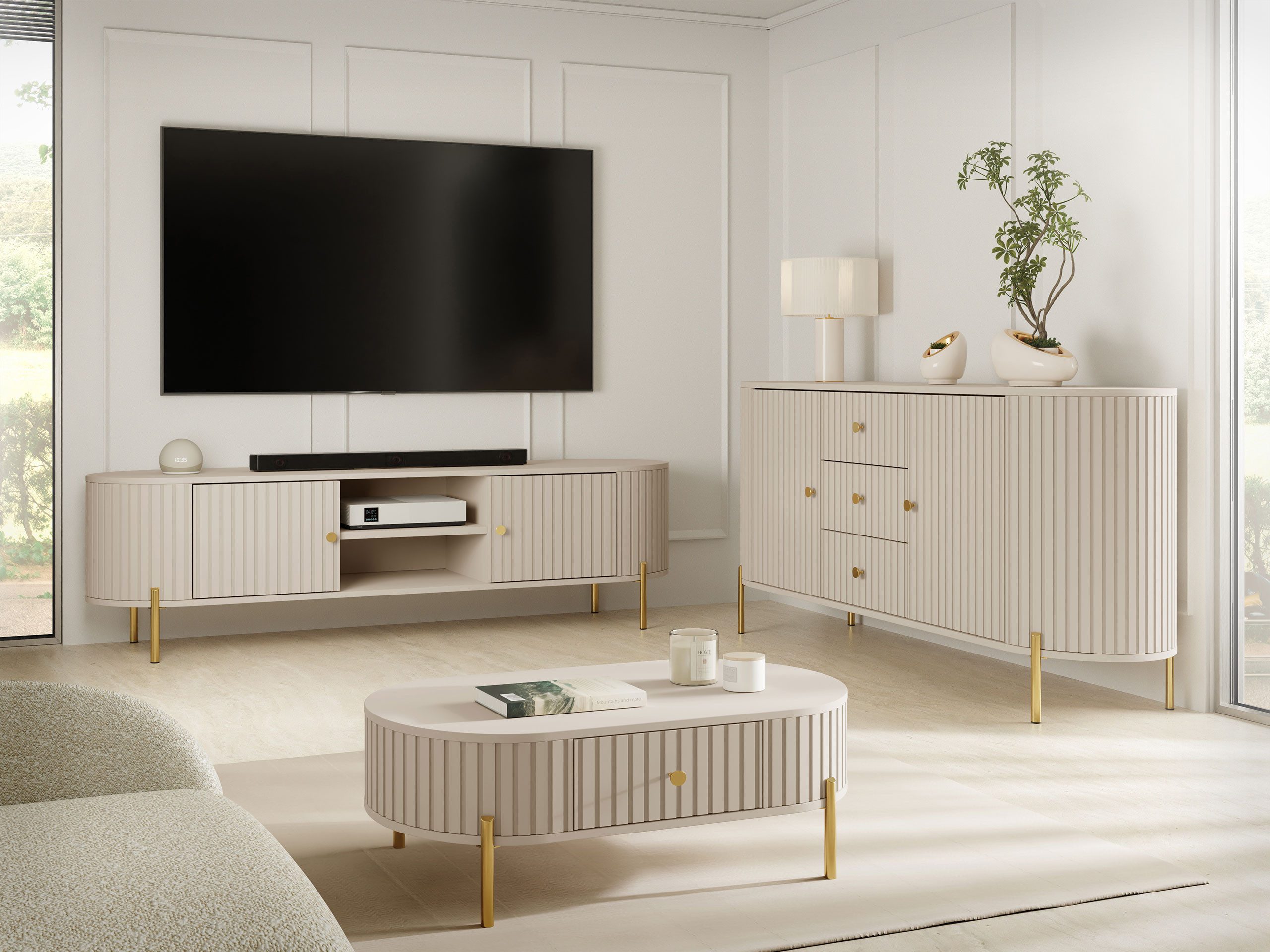 MIRJAN24 Wohnzimmer-Set Sepiroz I, (3er-Set, TV-Lowboard, Kommode, Couchtisch), Griffe und Füße aus Metall in der Farbe Gold