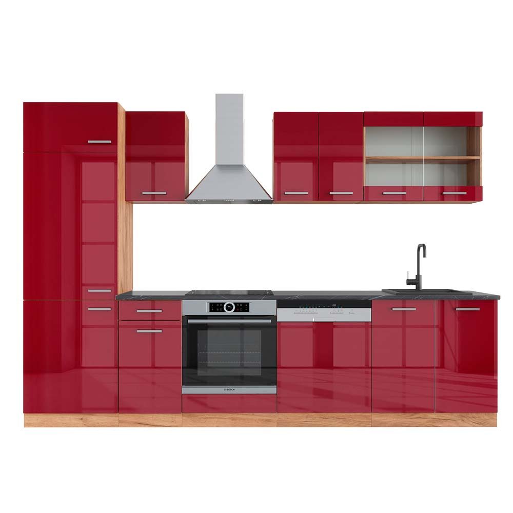 Vicco Küchenzeile R-Line, Rot Hochglanz/Goldkraft Eiche/Goldkraft Eiche, 300 cm, AP ...