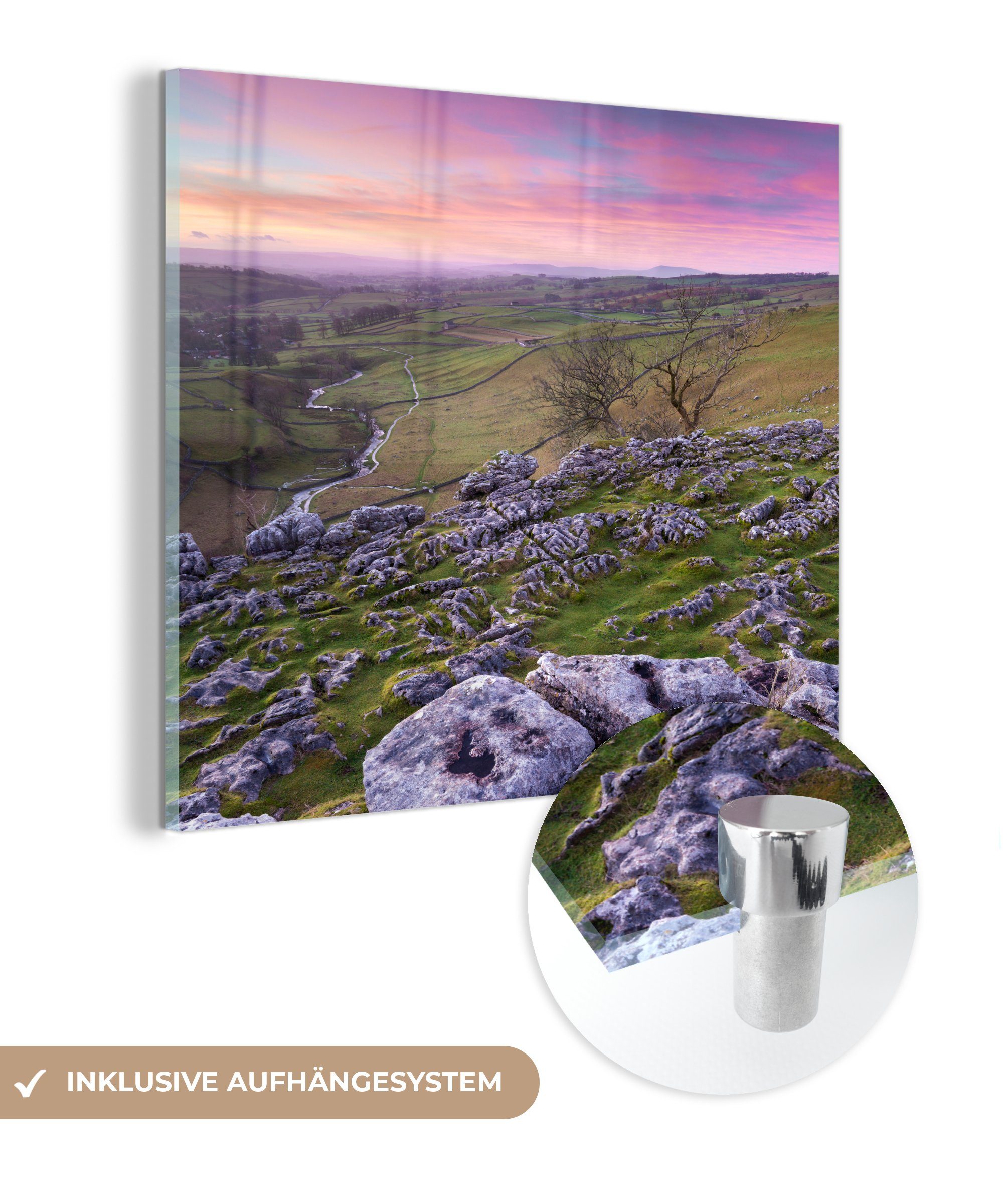 MuchoWow Acrylglasbild Kalkstein in der Landschaft des Yorkshire Dales National Park, (1 St), Glasbilder - Bilder auf Glas Wandbild - Foto auf Glas - Wanddekoration