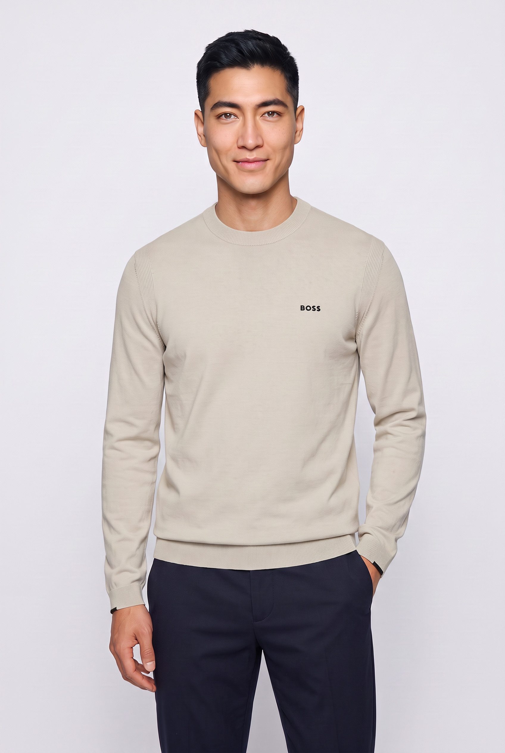 BOSS GREEN Strickpullover Rundhalsausschnitt, Regular Fit, Logo-Print