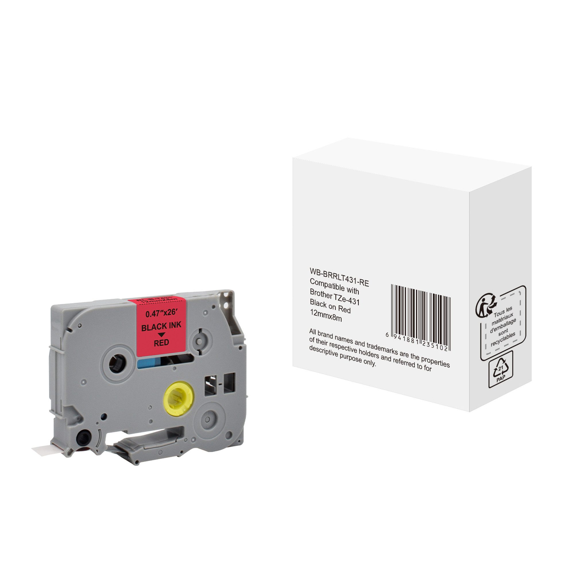 Brother Beschriftungsband Schriftband wie Brother TZe-431 12mmx8m schwarz auf rot