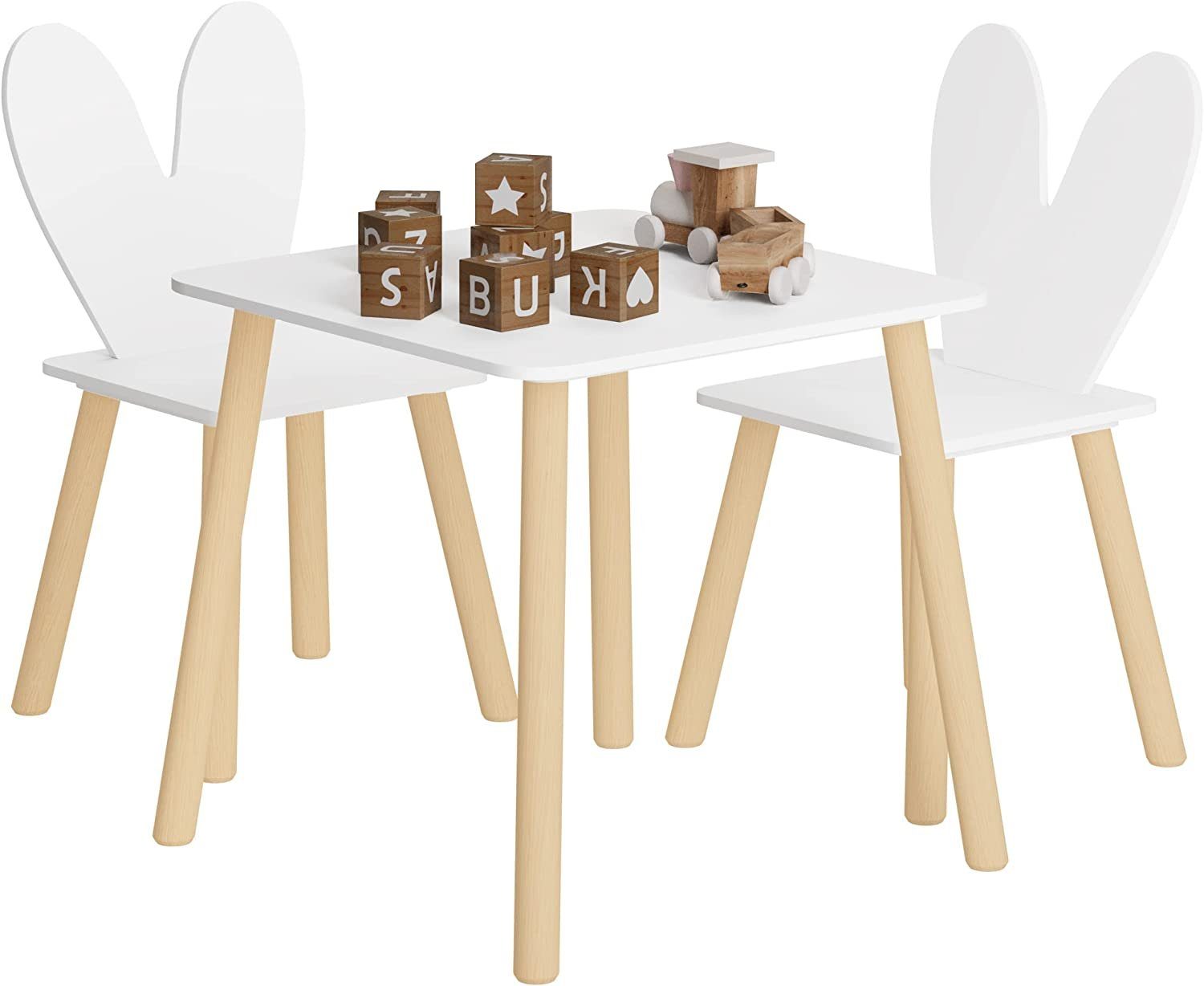 Woltu Kindersitzgruppe, Kindertisch mit 2 Massivholzbeinen, Weiß Stühlen, mit