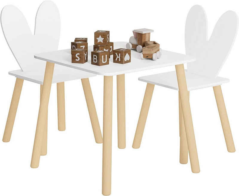 Woltu Kindersitzgruppe, Kindertisch mit 2 Stühlen, mit Massivholzbeinen, Weiß