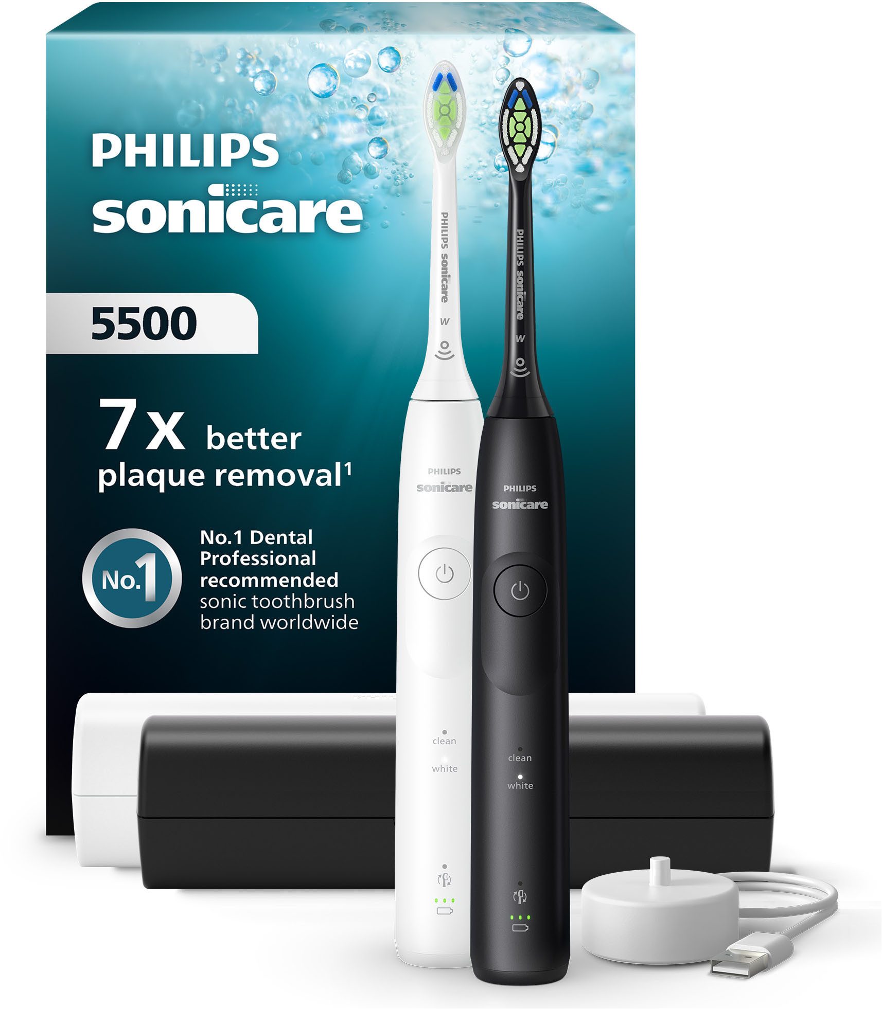 Philips Sonicare Elektrische Zahnbürste Series 5500 HX7119/02, Aufsteckbürsten: 2 St., mit Andruckkontrolle, 2 Putzeinstellungen, inkl. Reiseetui