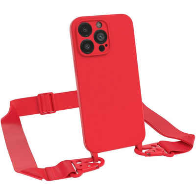 EAZY CASE Handykette Breitband Kette für Apple iPhone 13 Pro 6,1 Zoll, Silikonhülle Matt mit breitem Umhängeband Schutzhülle zum Umhängen Rot