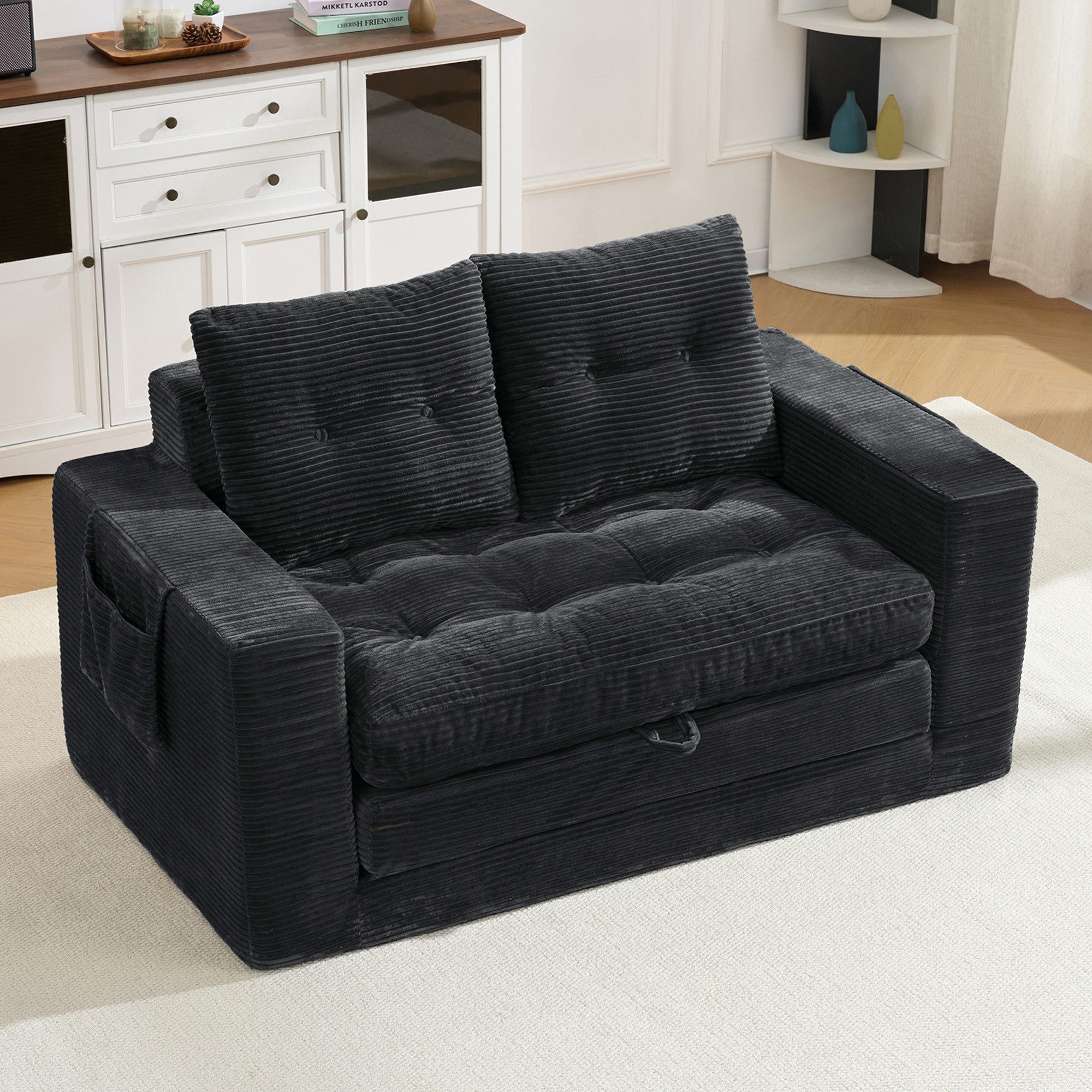 HAUSS SPOLE Loungesofa 2-Sitzer mit Seitentaschen,Klappsofa Sofabett Ausziehfunktion,Schwarz, Polstermöbel Schlafsofa mit seitlichen Aufbewahrungstaschen und integrierten Getränkehaltern, Schlafsofa mit seitlichen Taschen und integrierten Getränkehaltern