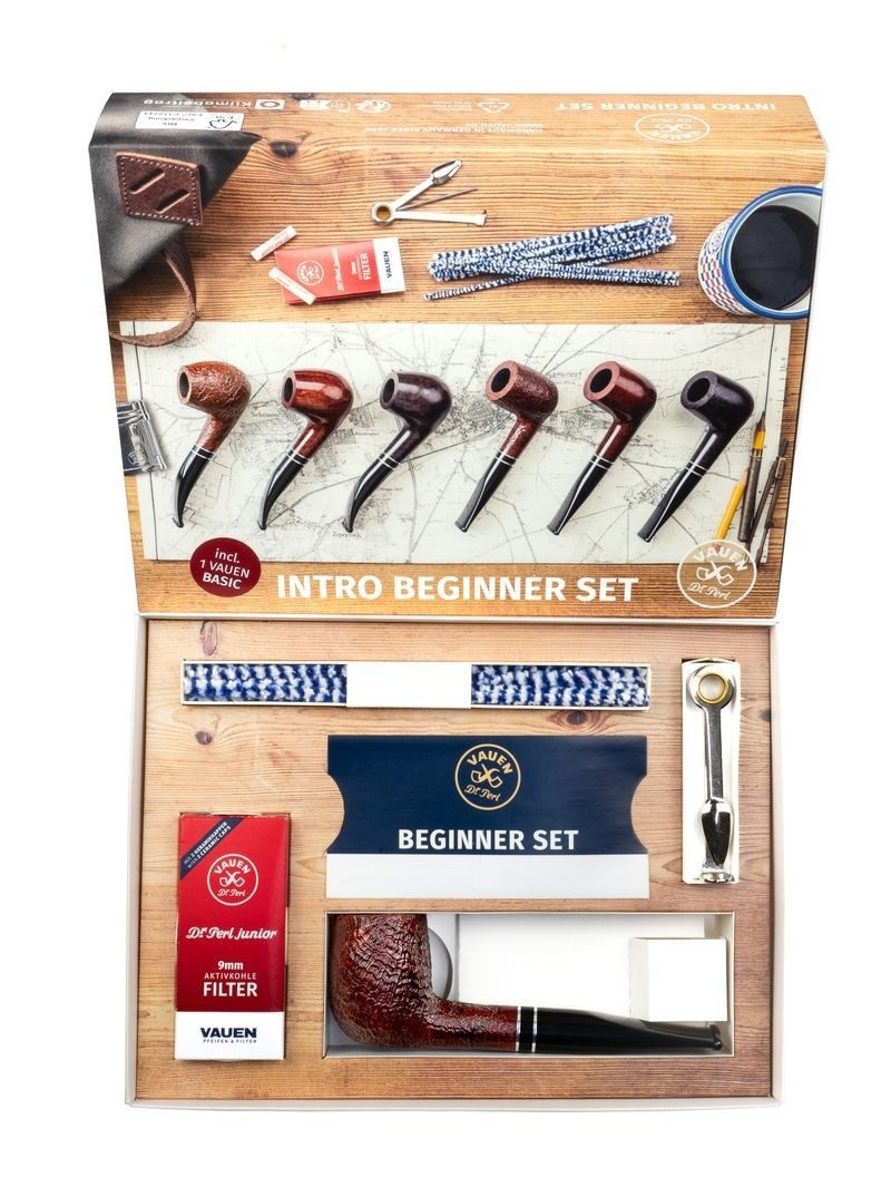 VAUEN Handpfeife Pfeife Intro Starter Set gebogen braun sandgestrahlt, Handmade in Germany - Neuheit Sommer 2026