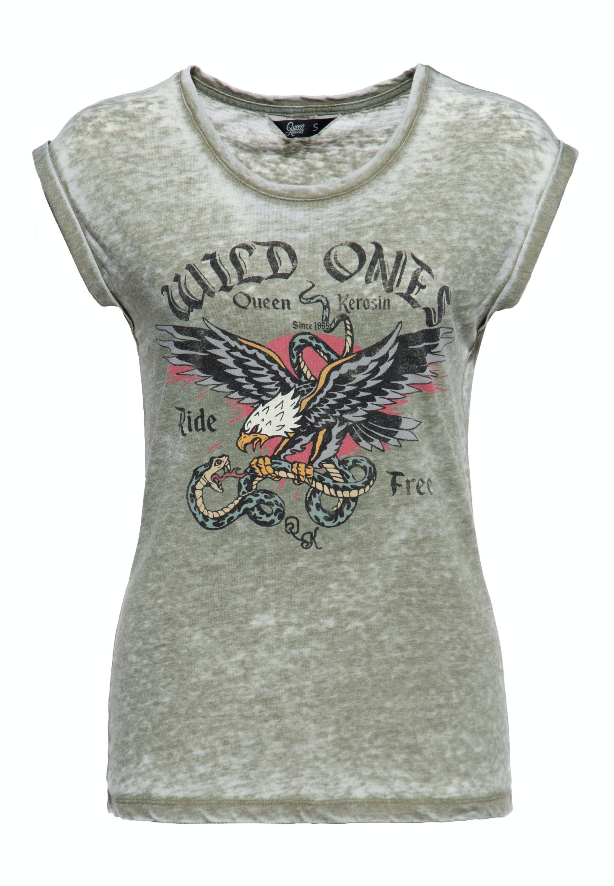 QueenKerosin Print-Shirt Wild Ones (1-tlg) mit Adler und Schlange Print olivgrün | T-Shirts