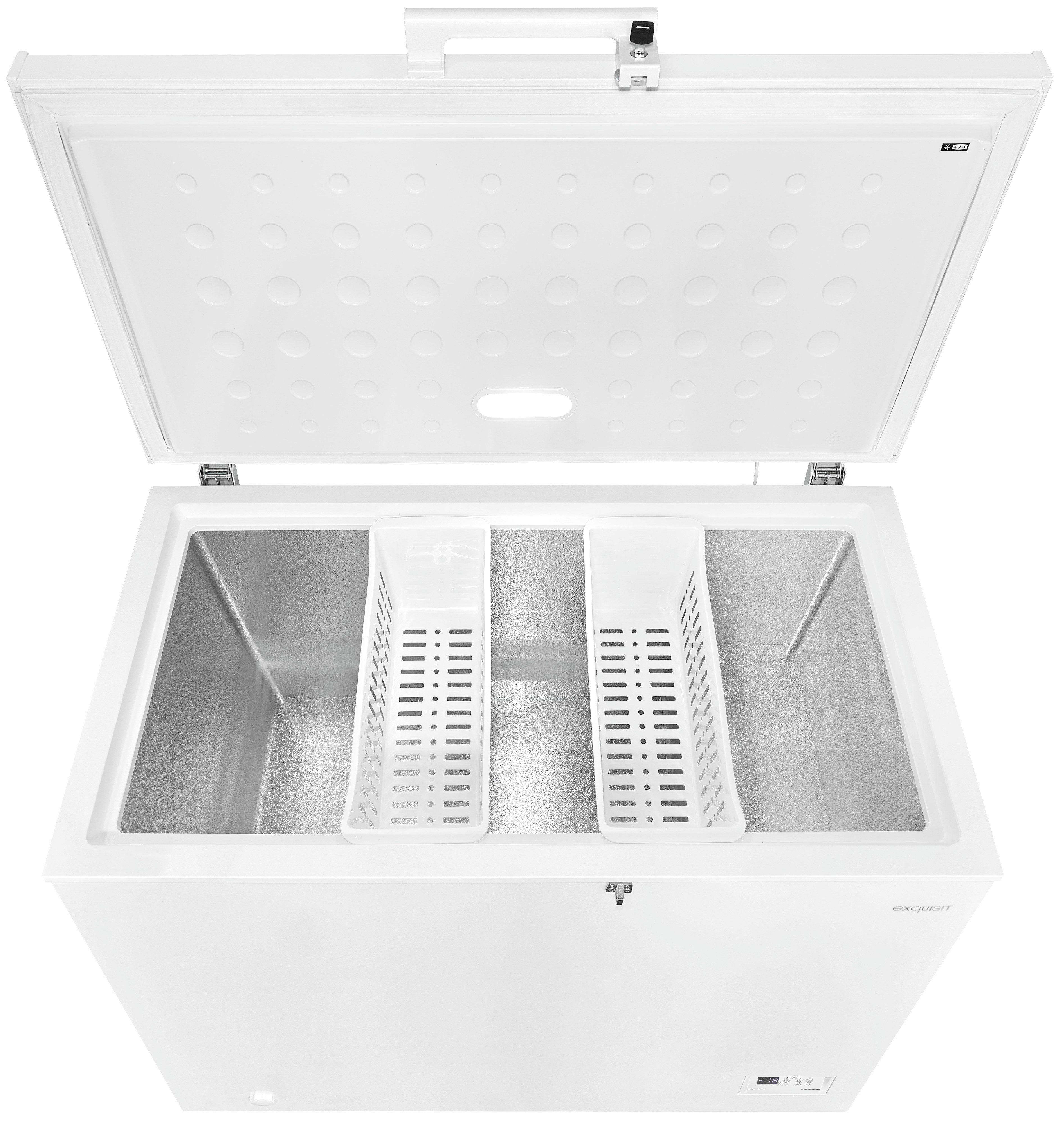exquisit Gefriertruhe GT400-HE-041E weiss, 130 cm breit, 371 l, 4*-Gefriertruhe mit Griff & Türschloss – leicht zu öffnen