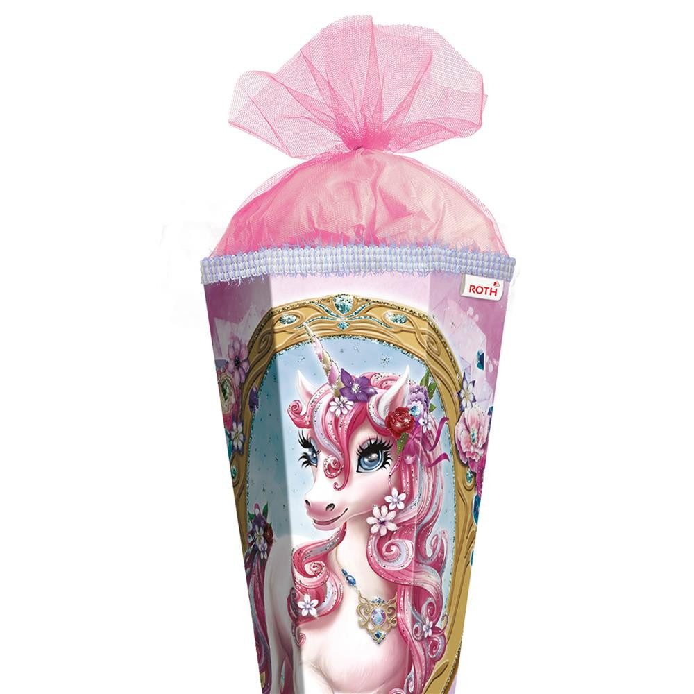 Roth Schultüte Einhorn Beauty mit Glittereffekt, 85cm, eckig, mit Spitze, Tüll und Glitzerborte