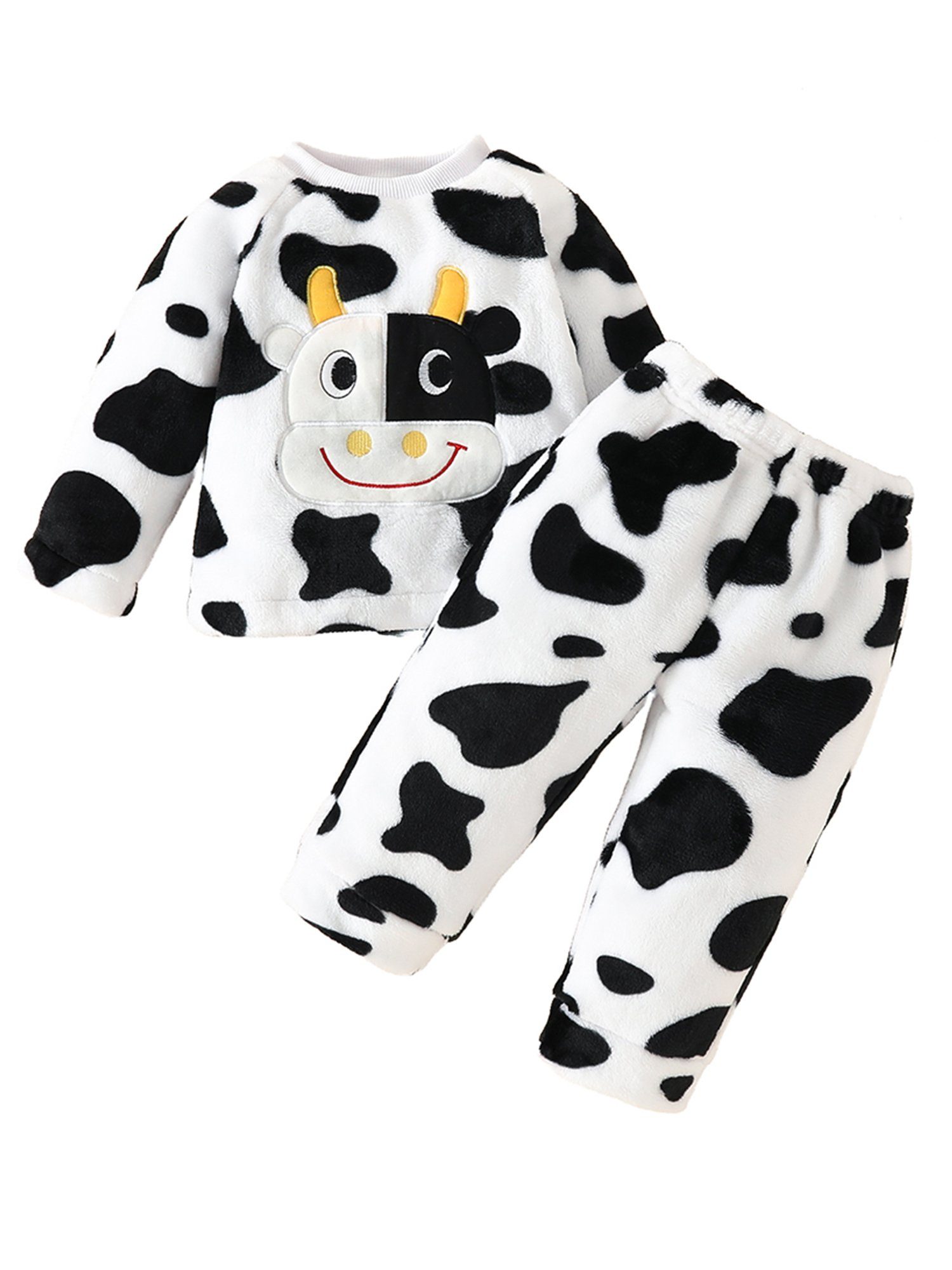 Top Weiß mit Kuh Langarm Pyjama Schwarz Farbblockdruck, Plüschanzug Babys Hose LAPA 2-tlg) (Set, &