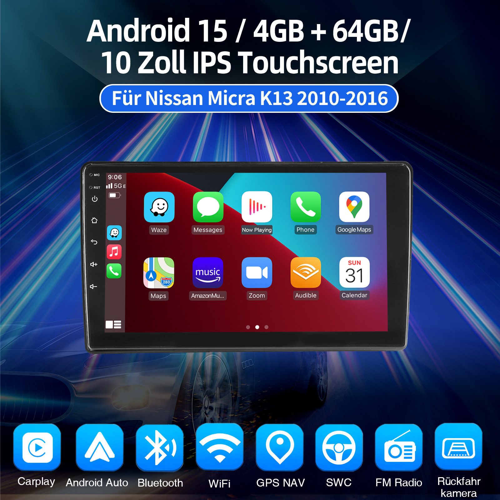 ESSGOO DAB+ 64G Android 15 Für NISSAN MICRA 4 K13 2010-16 Carplay GPS Navi Autoradio (DAB+ (optional), 4+64GB(optional), RDS, AM, FM, Carplay Android Auto Bluetooth EQ USB GPS Navi WIFI Touchscreen)