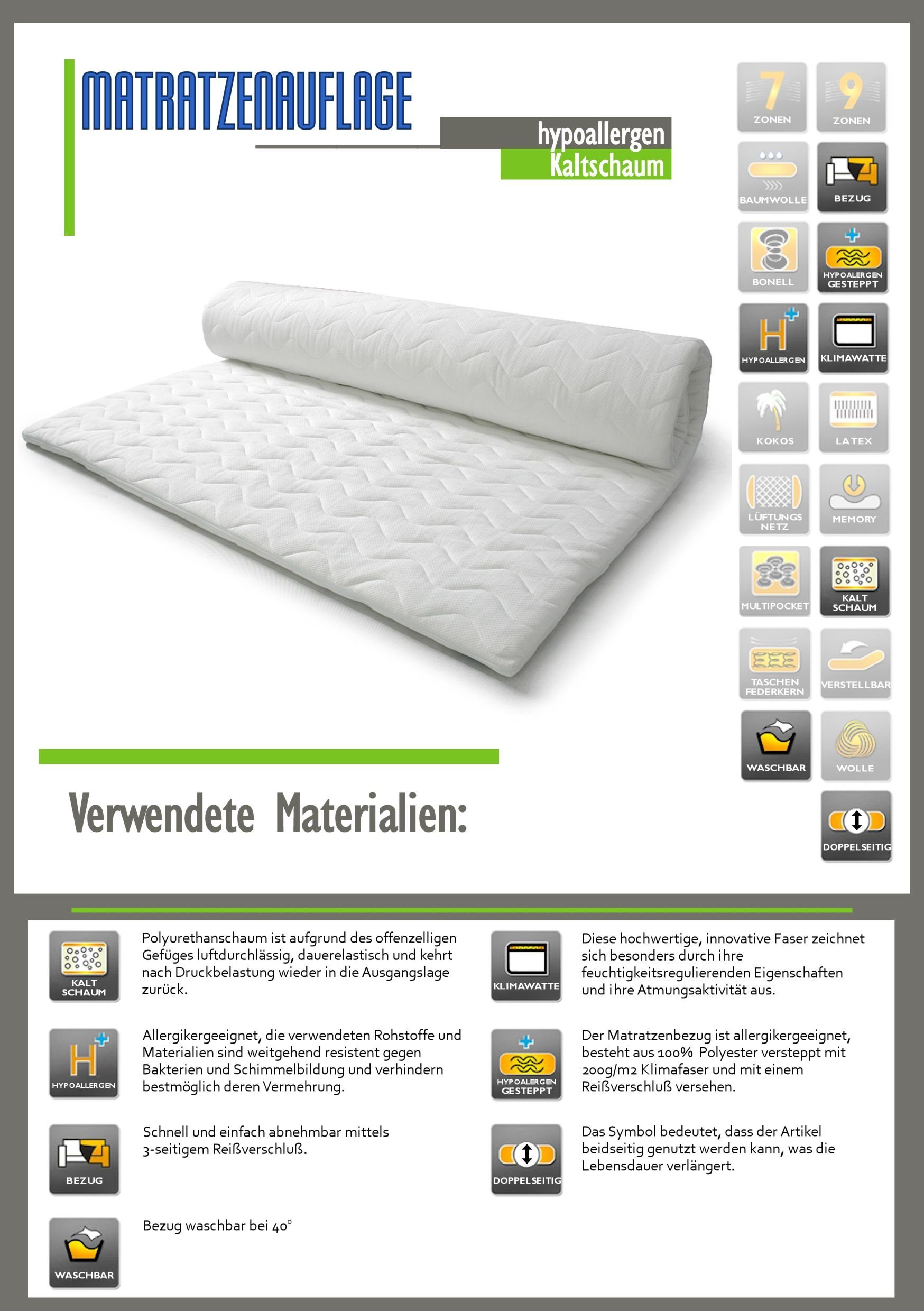 MatratzenL.A.B®, Topper Matratzenauflage aus Kaltschaum, 6 cm hoch, Härtegrad H3/H4 fest bis sehr fest, Aloe Vera Bezug, 4 Eckgummies