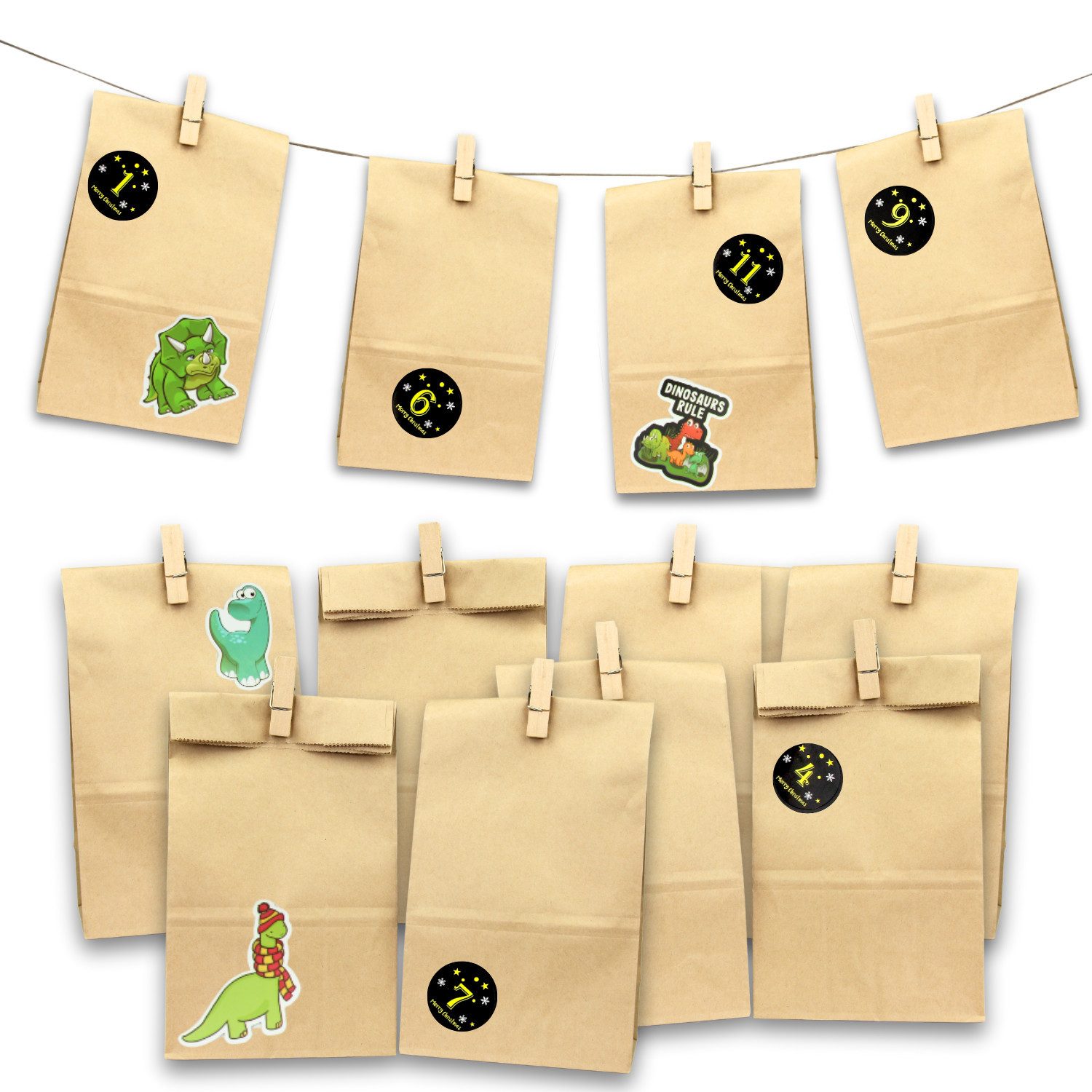 Fomax DIY-Adventskalender zum Befüllen, Komplettes SET mit Papiertüten, Klammern und Stickern, Weihnachtskalender selber machen, wiederverwendbar