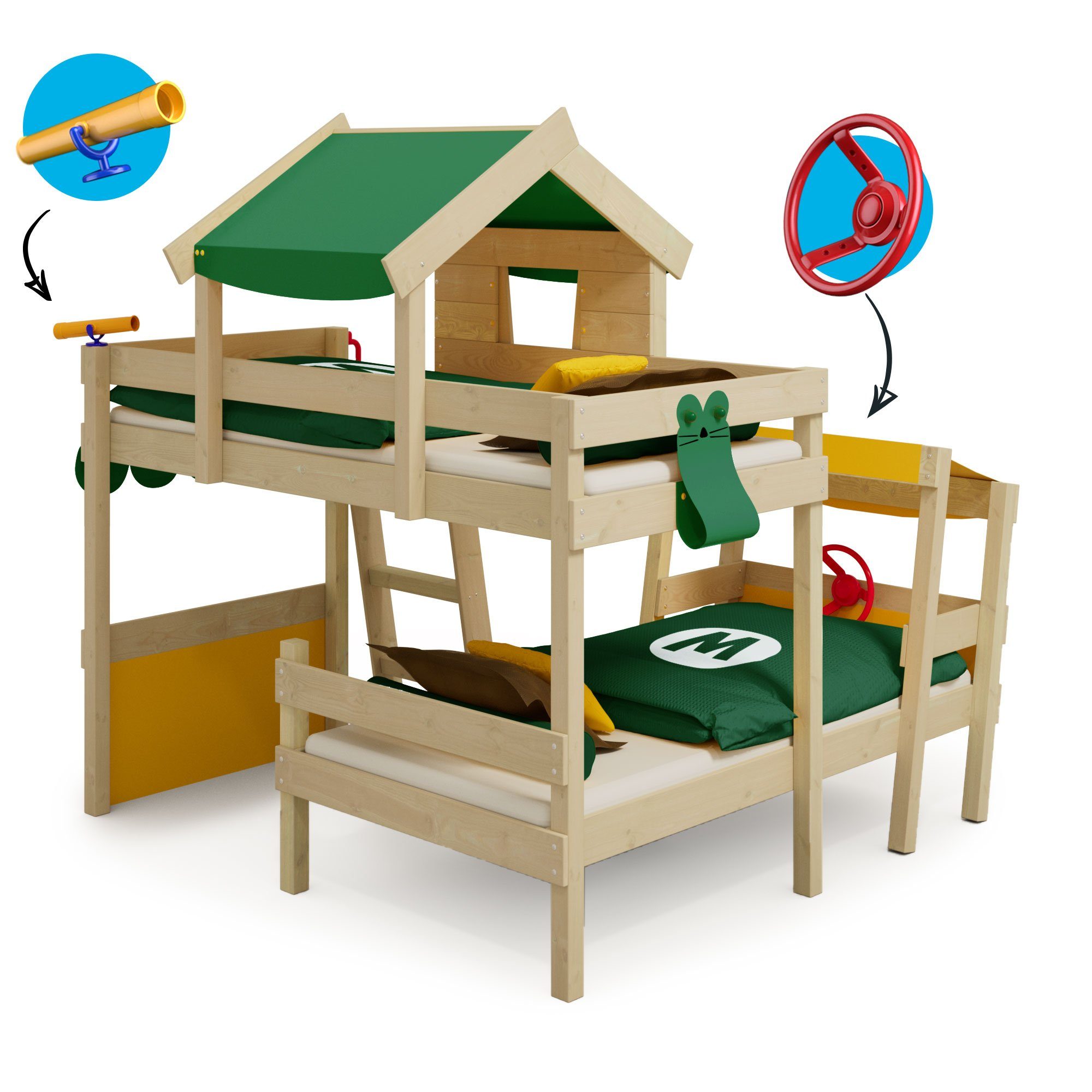 Pfosten Massivholzbrett und Crazy Kinderbett aus Hochbett (Holzpaket 200 für Trunky Wickey Brettern, Kinder), x - 90 cm Spielbett, Spielbett grün/gelb
