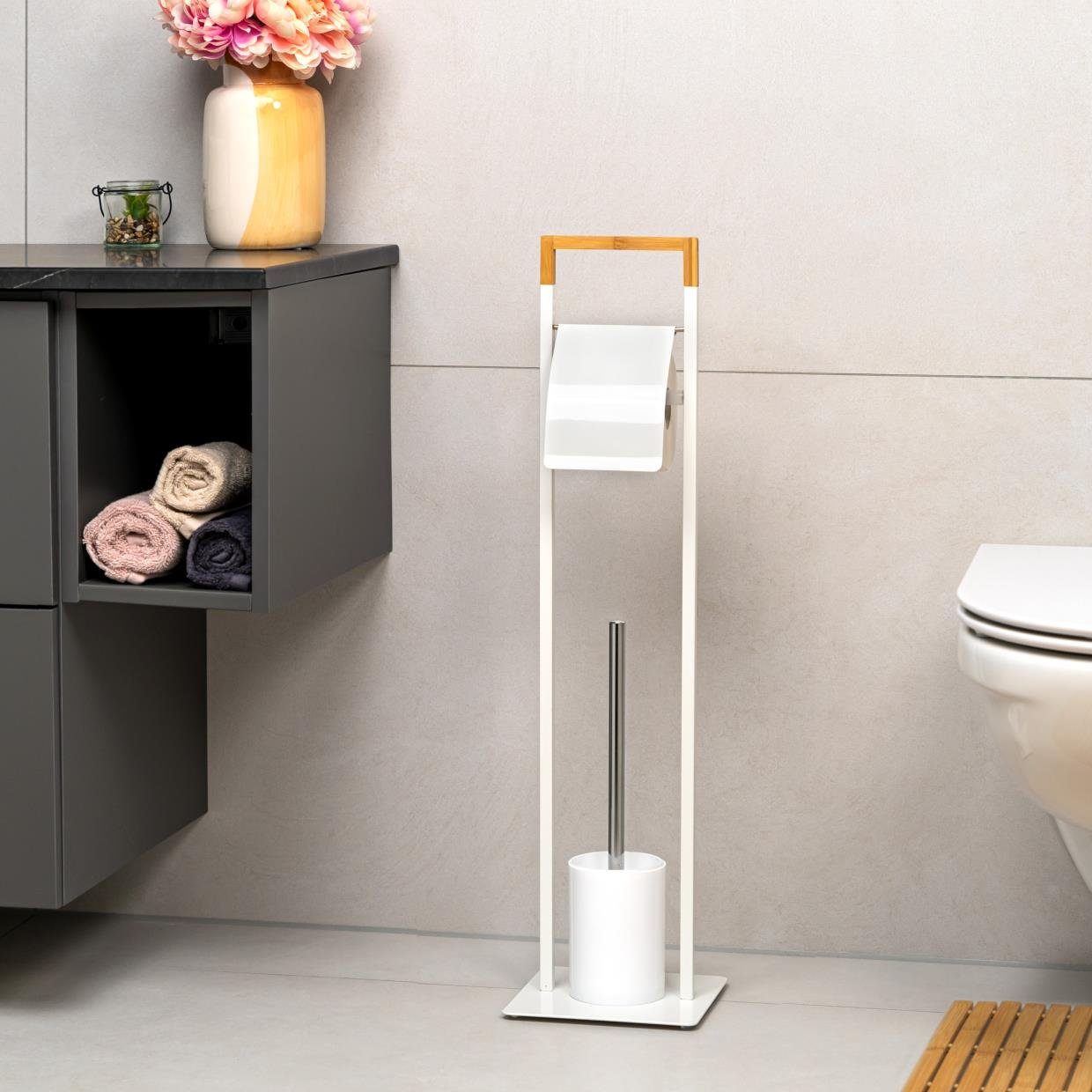 bremermann 2in1, WC-Garnitur WC-Bürste, weiß Bambuselemente, Badezimmer, (Set, 2-tlg), WC-Rollenhalter, freistehend