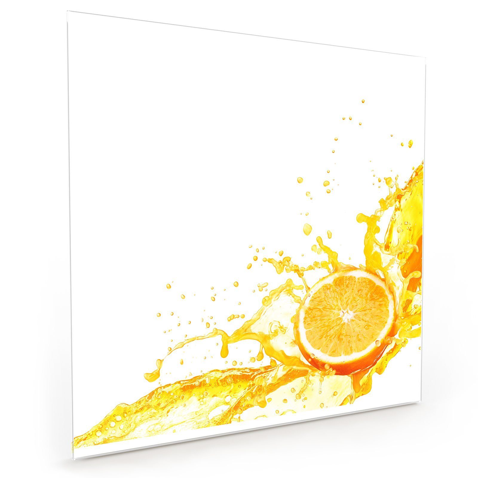 Primedeco Küchenrückwand Küchenrückwand Spritzschutz Glas mit Motiv Orangensaft spritzt