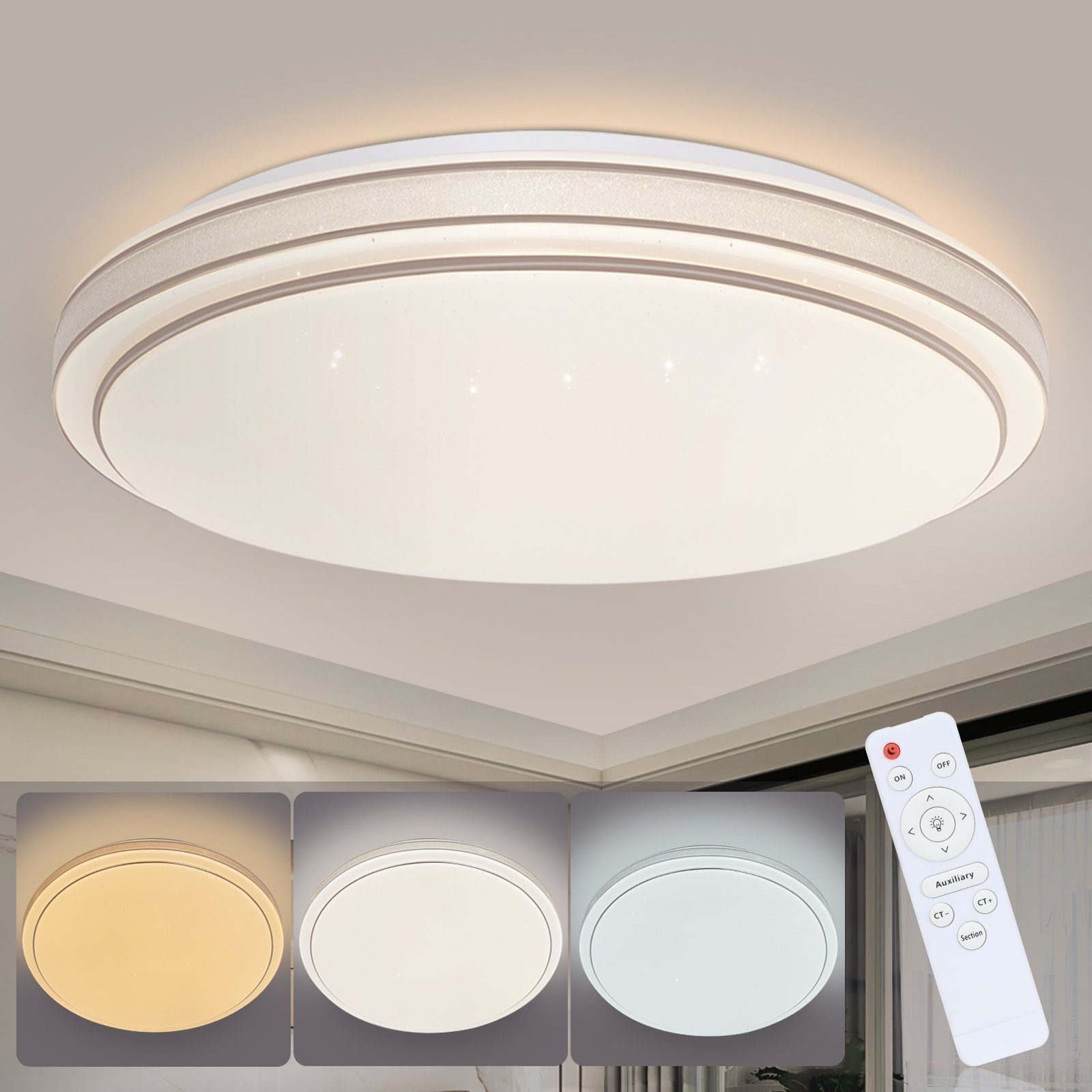 ZMH LED Deckenleuchte Schlafzimmerlampe Sternenhimmel Modern Rund für Wohnzimmer, LED fest integriert, Flimmerfrei, ‎Weiß, ∅40cm, 44w