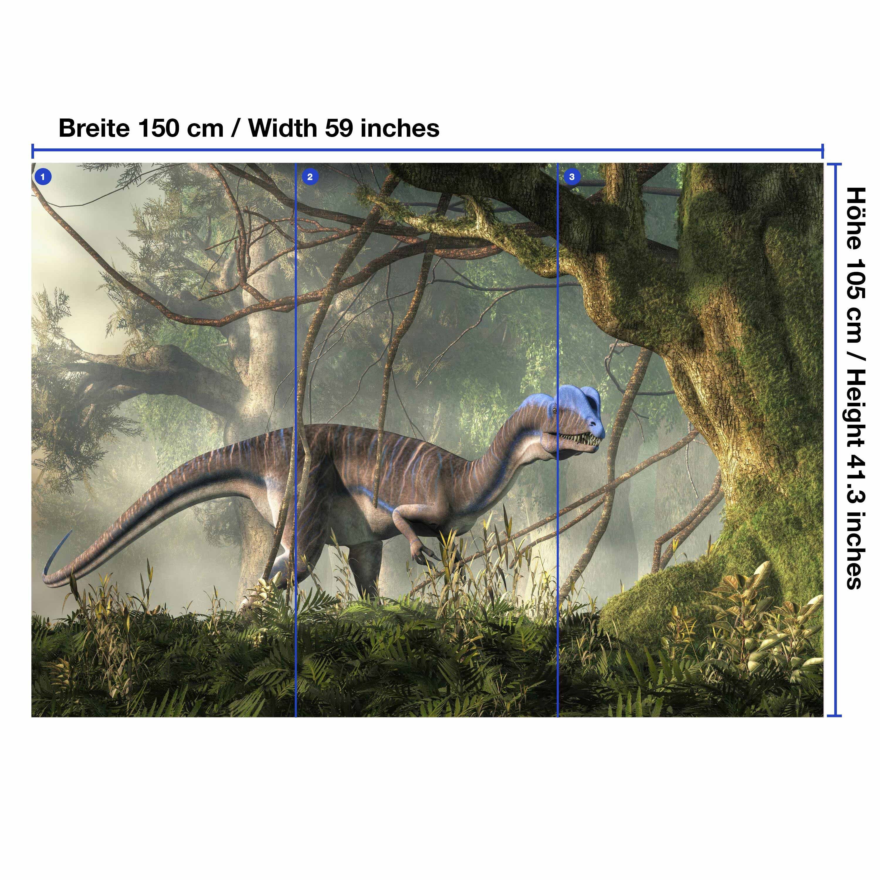Vliestapete Motivtapete, zwischen Bäumen, glatt, Fototapete matt, Dino Dilophosaurus Wandtapete, wandmotiv24