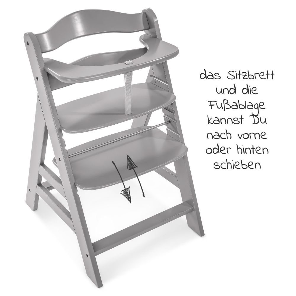 Hauck Sitzkissen Grau Plus Essbrett, Alpha verstellbar, Hochstuhl (Set), Holz mit mitwachsend Kinderhochstuhl