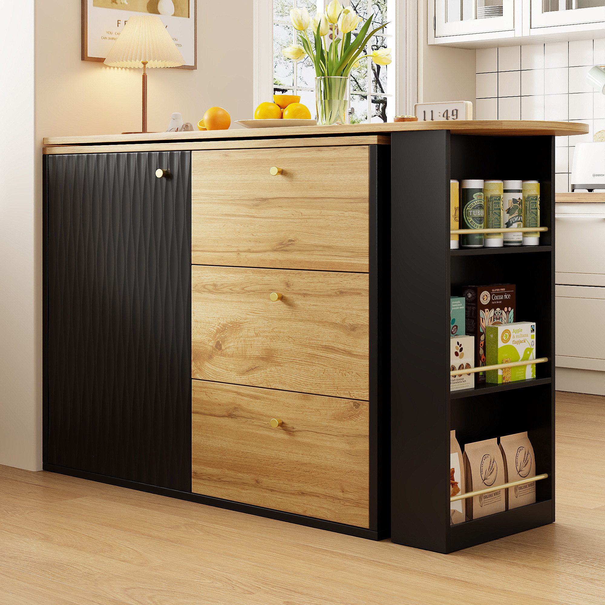 Flieks Bartisch 360° drehbar Stehtisch mit Kommode (Länge 138-204 cm, 1-St., mit verstellbaren Einlegeböden), ausziehbar Esstisch mit Schublade und Türen Holzschrank Bistrotisch