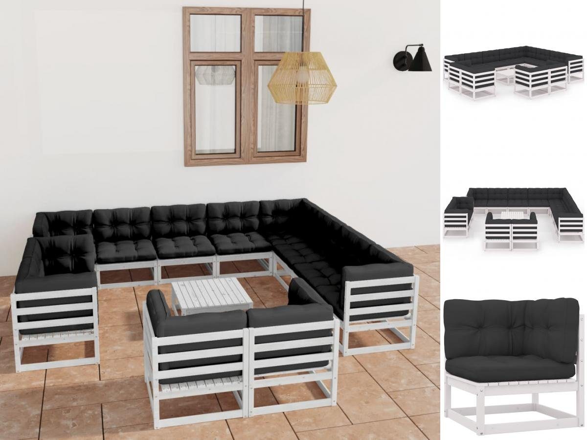 vidaXL Garten-Essgruppe 13-tlg Garten Lounge Set mit Kissen Weiß Kiefer Massivholz Holz Sitzgr