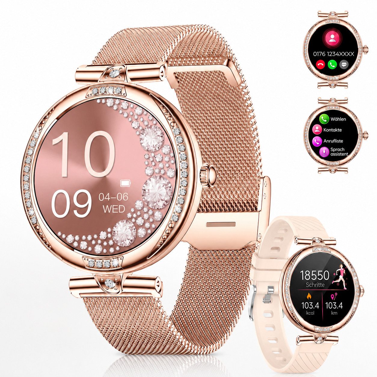 Futicare Smartwatch Damen im Schmuck-Look, 1,19 '' AMOLED Display, Smartwatch mit 16 mm schmales Armband, Bluetooth-Anrufe, App-Benachrichtigungen, Herzfrequenz, Schlafanalyse, Schrittzähler, Zyklus-Erinnerung, kompatibel mit Android 5.0 und iOS 10.0 oder