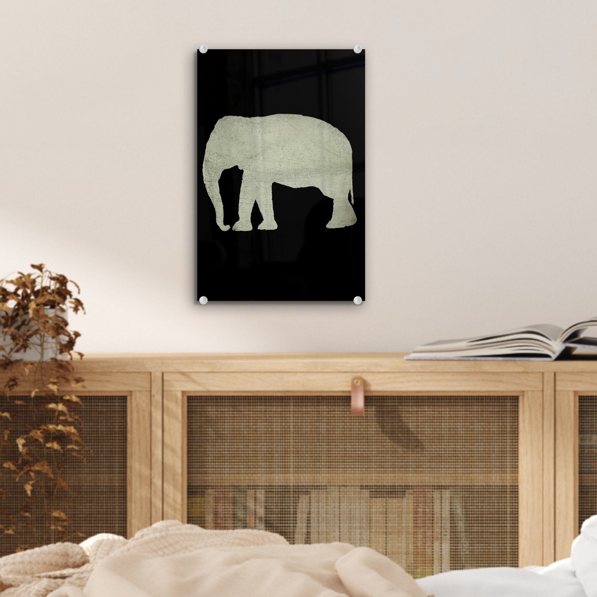 (1 auf Retro, Glas auf - - - - Glas Wandbild Wanddekoration Elefant Karte Bilder MuchoWow - Glasbilder St), Foto Acrylglasbild