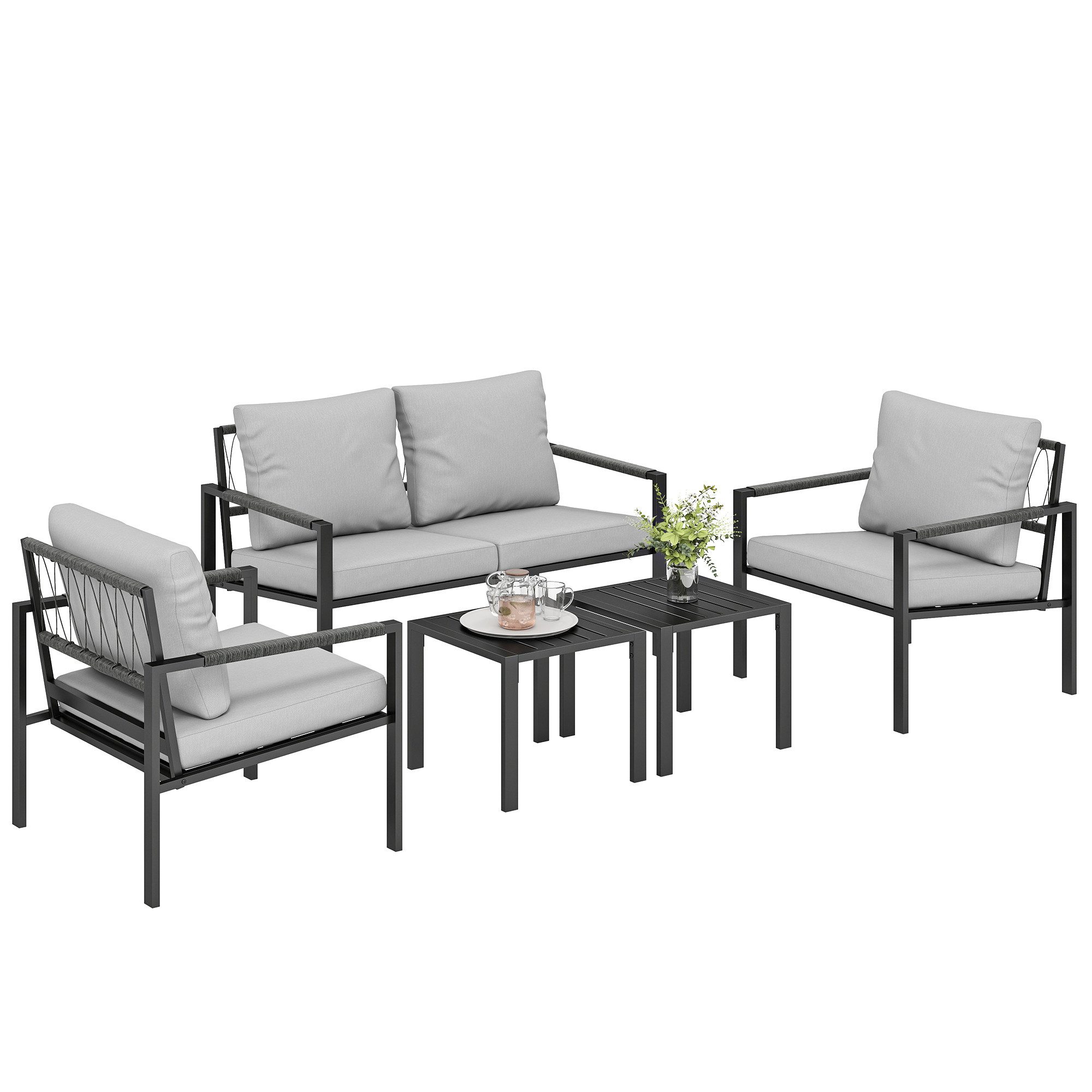 Outsunny Sitzgruppe mit 2er Sofa, Sessel, Sitzkissen, Beistelltisch, (Sitzgruppe, 5-tlg., Balkonmöbel-Set), für Garten Terrasse Balkon Hellgrau