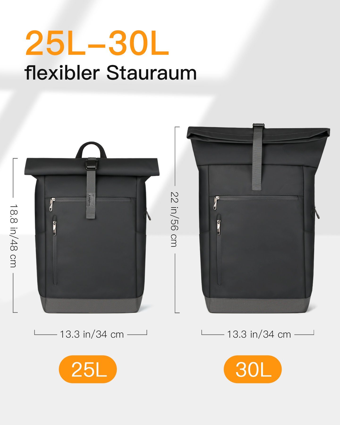 Inateck Laptoprucksack RollTop Rucksack Herren Damen 25L-30L Schulrucksack, rucksack wasserdicht