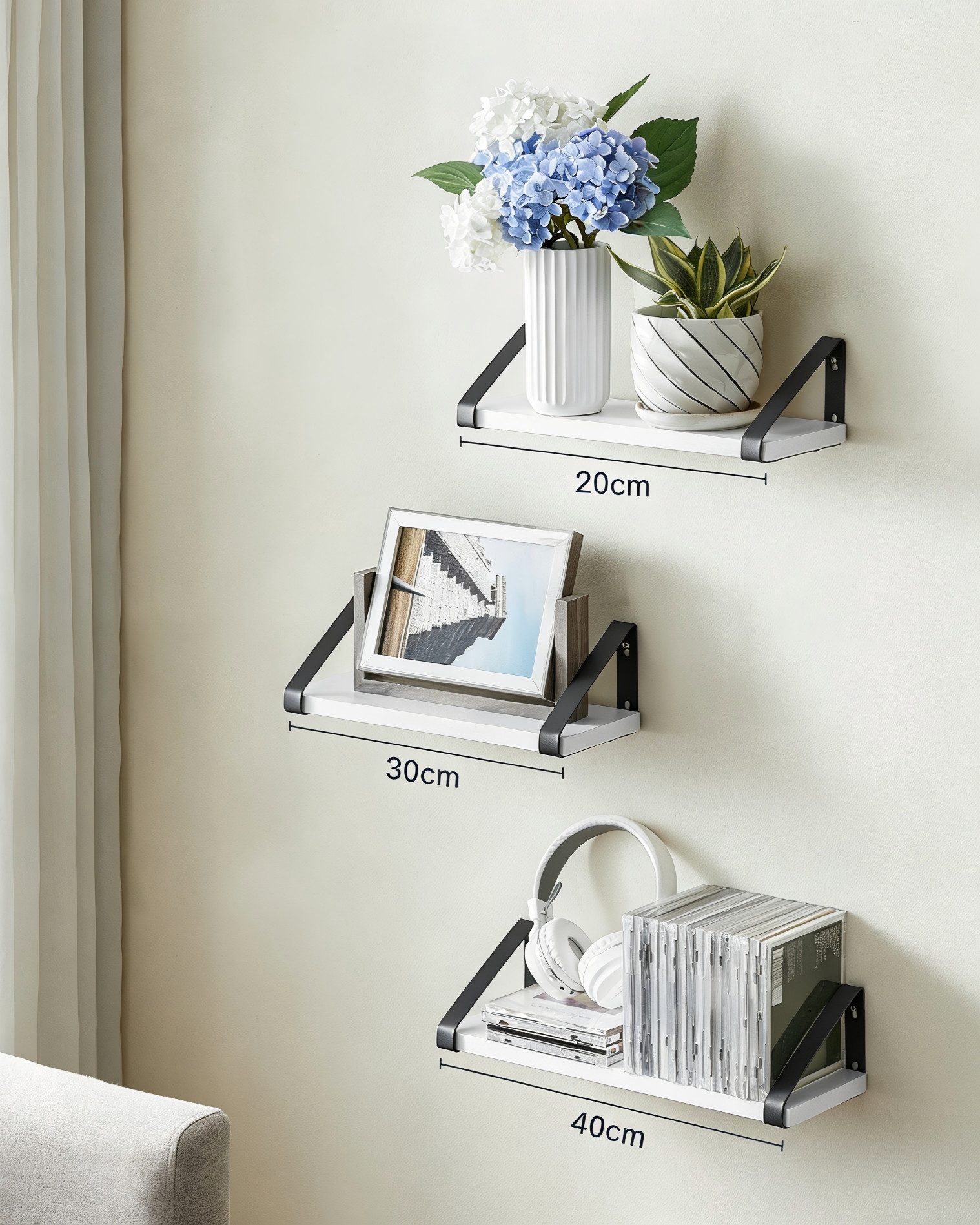 VASAGLE Wandregal Schweberegal, 3er Set, Regalbrett, 2 Montagemöglichkeiten, 3-tlg., 30/35/40 cm, für Wohnzimmer, Küche