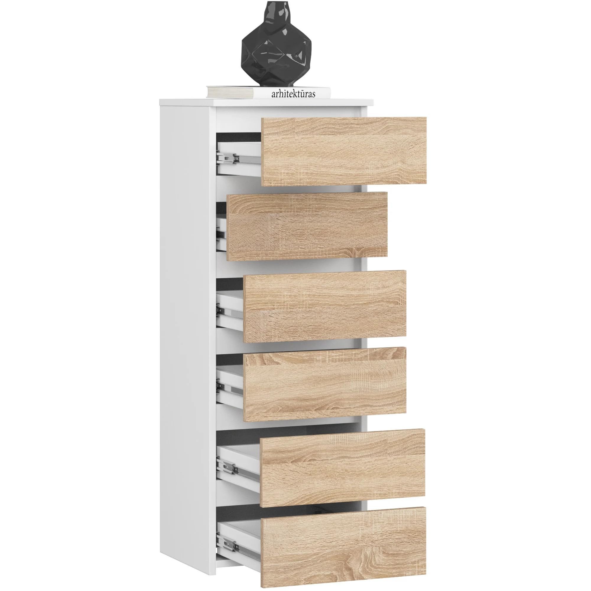 Milord FURNITURE Kommode mit 6 Schubladen 40 cm breit Holz Schrank B40xH109xT35 cm (Highboard Anrichte Schlafzimmer Wohnzimmer Flur Büro Organizer)