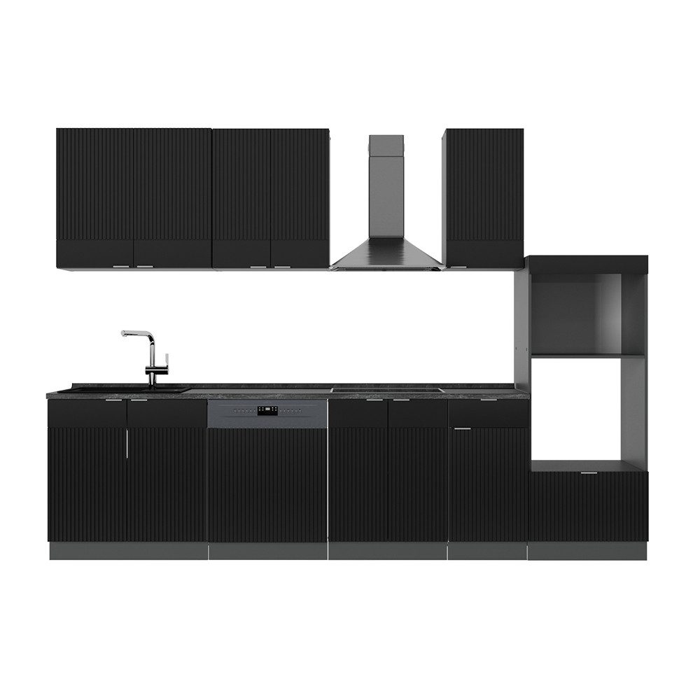 Vicco Küchenzeile Fame-Line, Schwarz gestreift/Anthrazit/Anthrazit, 300 cm mit Hochsc...