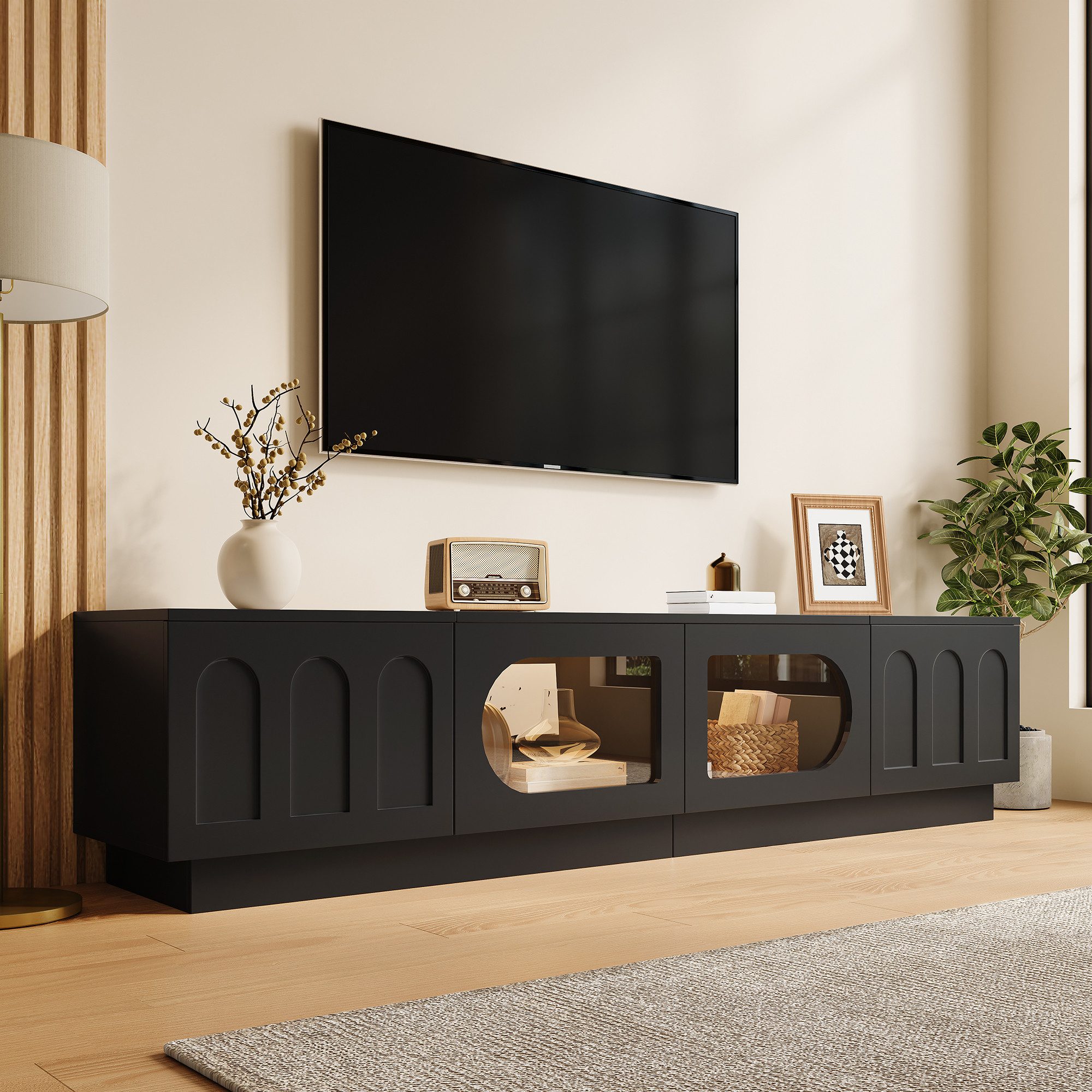 Merax Lowboard mit LED-Beleuchtung und APP-Steuerung, Fernsehtisch Fernsehschrank (1 St., 200 x 40 x 42 cm), TV-Schrank mit 2 Glastüren, 2 Türen mit Bogenrelief, Kabeldurchlass