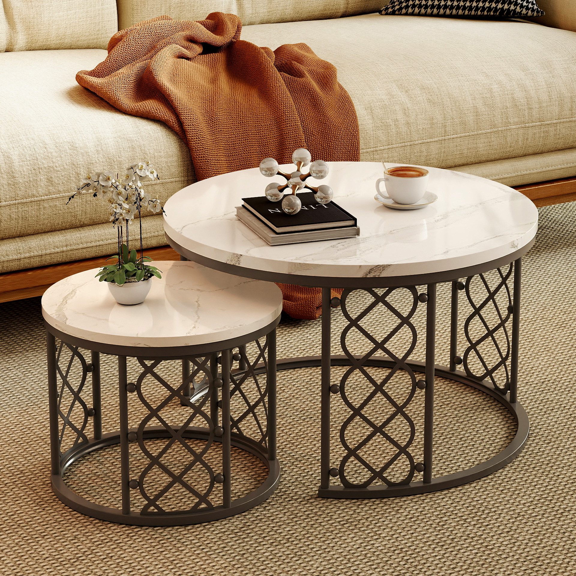 REDOM Couchtisch und 2er Set, Beistelltisch für Schlafzimmer Balkon (Runder Couchtisch, stabil und langlebig für stilvolles Wohnen, 2-St., 70x70x45 cm und 45x45x37 cm)